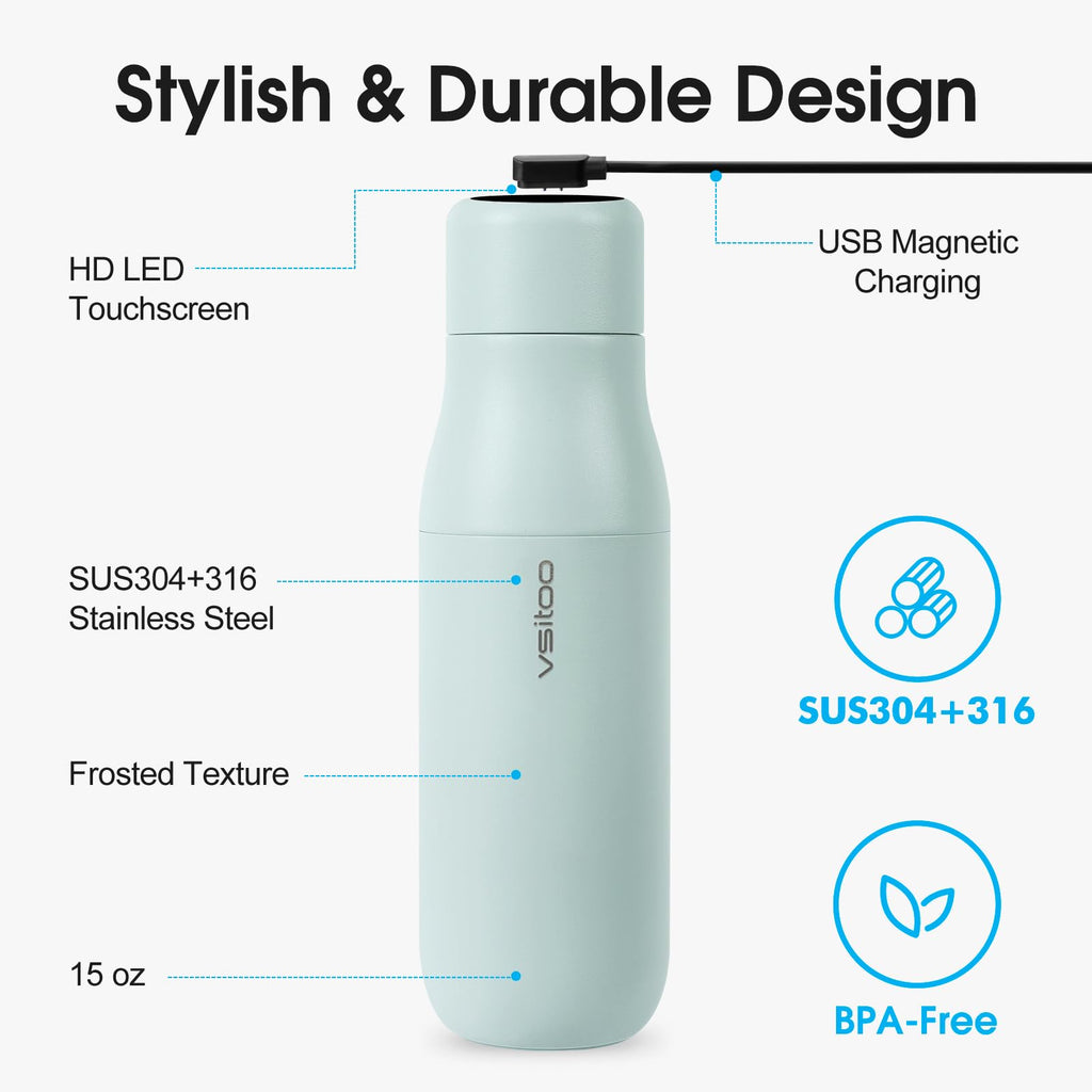 VSITOO 15oz Mini Smart Water Bottle，Self-Cleaning Insulated Bottle, Small Thermoses with AI, App & Touchscreen, Perfect Purse Water Bottle for Travel, Gym & Office, Pink