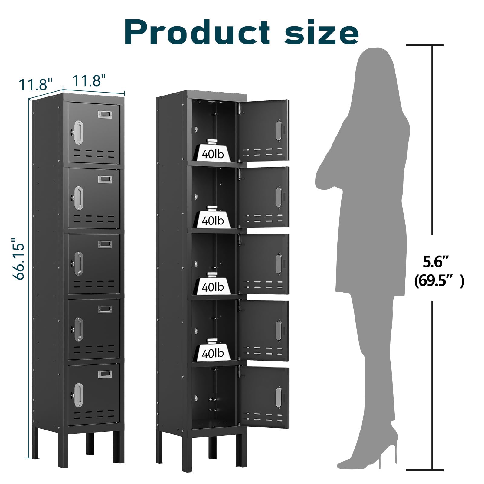 BUTISOW Metal Lockers - 66" Height Steel Lockers for Employees with 5 Door Storage Locker with Card Slot for Employees Gym School Home Office Garage - Assembly Required