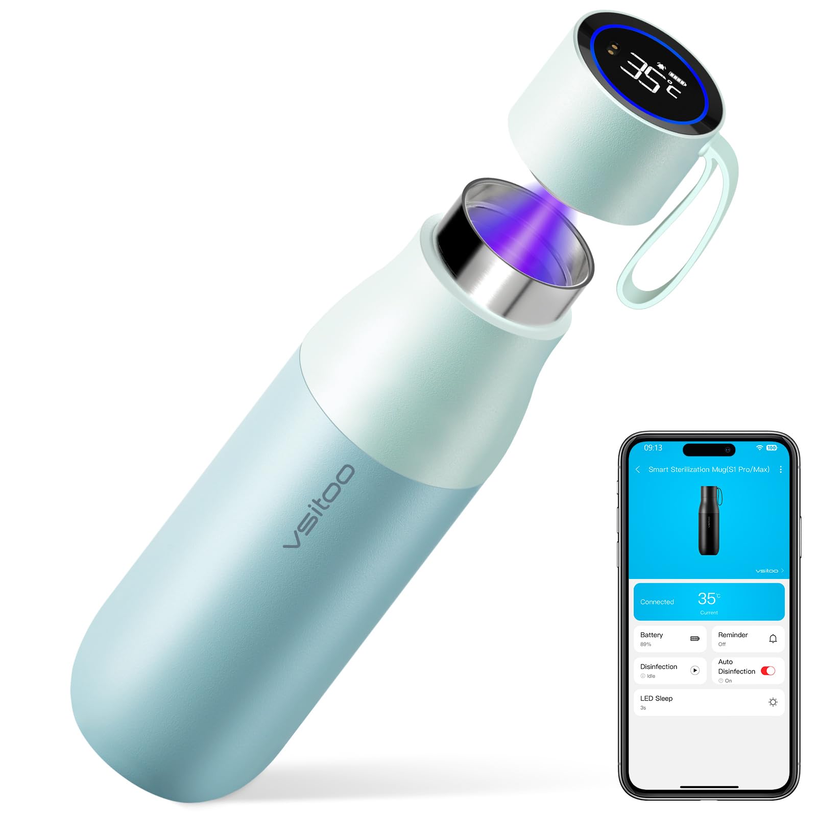 VSITOO 15oz Mini Smart Water Bottle，Self-Cleaning Insulated Bottle, Small Thermoses with AI, App & Touchscreen, Perfect Purse Water Bottle for Travel, Gym & Office, Pink