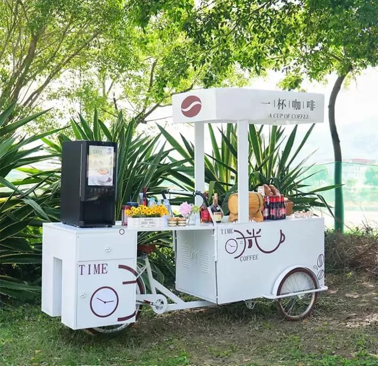 Mobile Ice Cream Bicycle Cart, White Commercial Tricycle Vending Station with Coffee Machine, Display Counter, Storage Compartments for Beverages