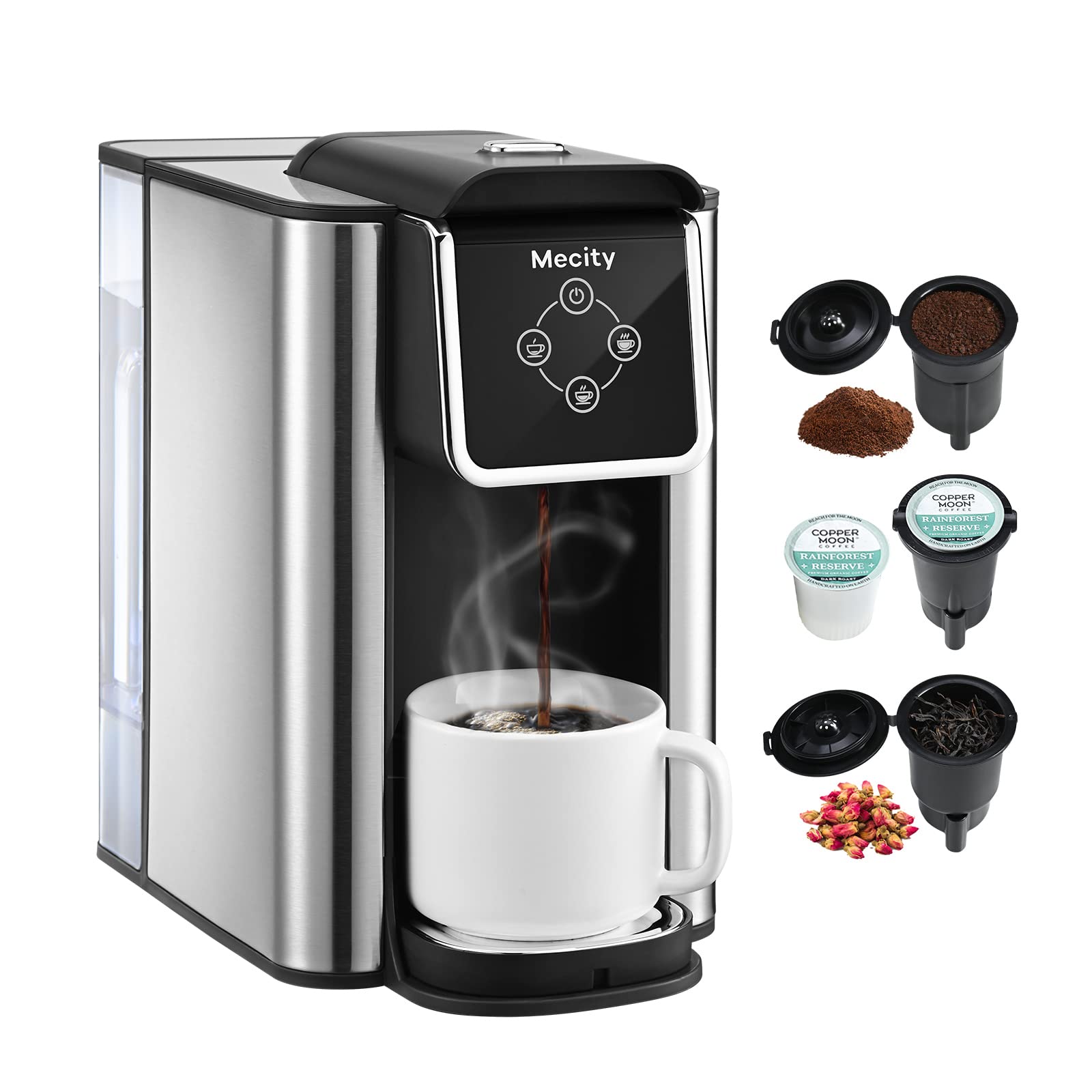 Mecity Pink Coffee Maker 3-in-1 Single Serve Coffee Machine, For Flat Bottom Coffee Capsule, Ground Coffee, 6 to 10 Ounce Cup, Removable 50 Oz Water Reservoir, 120V 1150W