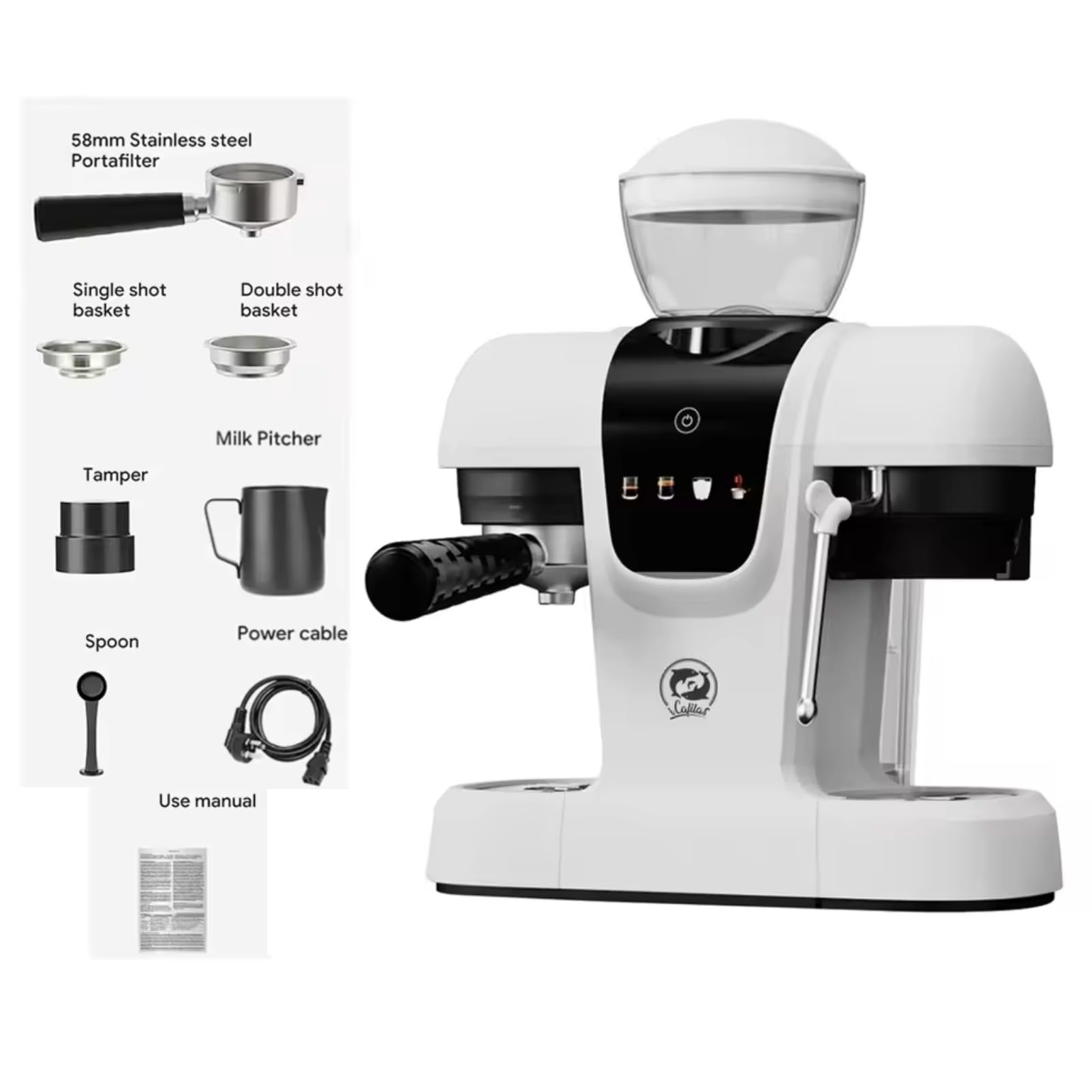 20 Bar Espresso Machine with Grinder & Steam Wand - Semi Automatic Coffee Maker, NTC Intelligent Temp Control, 58mm Stainless Steel Portafilter, One-Touch Panel for Home Barista (BLACK)