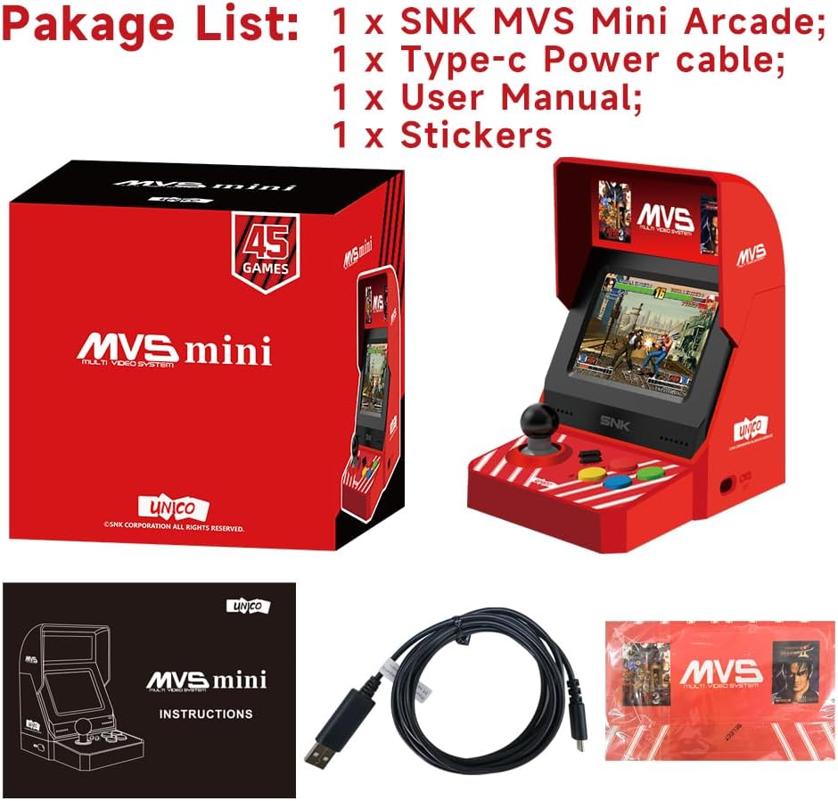 NEOGEO MVS Mini Arcade Console - 45 Preloaded Classic SNK Games (KOF, Metal Slug, Samurai Shodown), 3.5" 4:3 TFT LCD, 2-Player Support, HDMI, ABS Plastic Retro Gaming Console for Adults