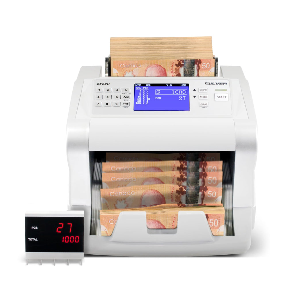 USD EUR CAD GBP MXN Money Counter Machine, Quick Mixed Denomination Bill Counter, Counterfeit Detection UV/MG/IR/DD/MT/DBL/HLF/CHN, with Printer Included, S6500