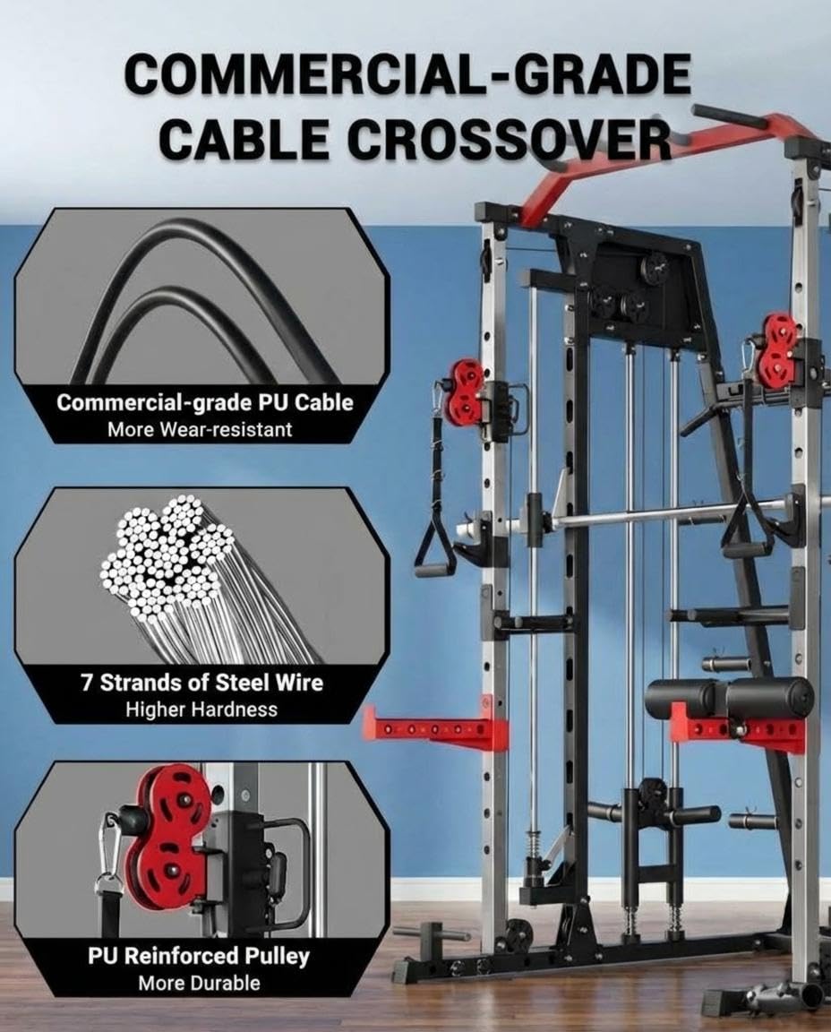 Smith Machine Home Gym, 2200LB Power Cage with Dual Pulley Cable Systems, LAT Pull-Down, Leg Hold-Down & 20+ Attachments for Full Body Workouts