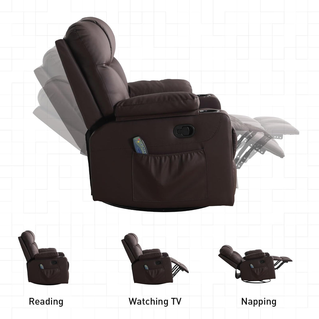 Bonzy Home Oversized Swivel Rocker Recliner, 40" Rocking Recliner Chair with Heated and Massage, PU Leather Single Sofa with Swivel Function, 2 Cup Holders for Living Room Bedroom, Black