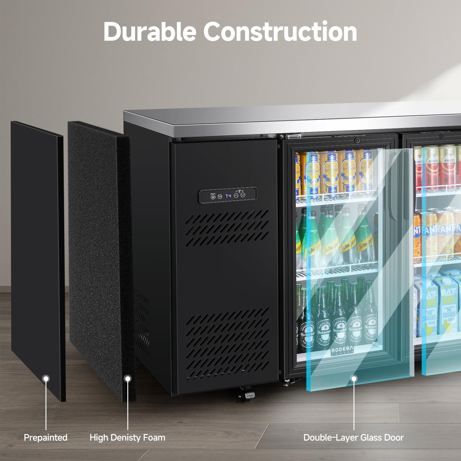 BODEGACOOLER Commercial Beverage Refrigerator with Glass Door,12.5 Cu.Ft Display Merchandiser Drink Refrigerator,Upright Commercial Bar Fridge,Display Drink Cooler,Soft LED Light,Romovable Shelves