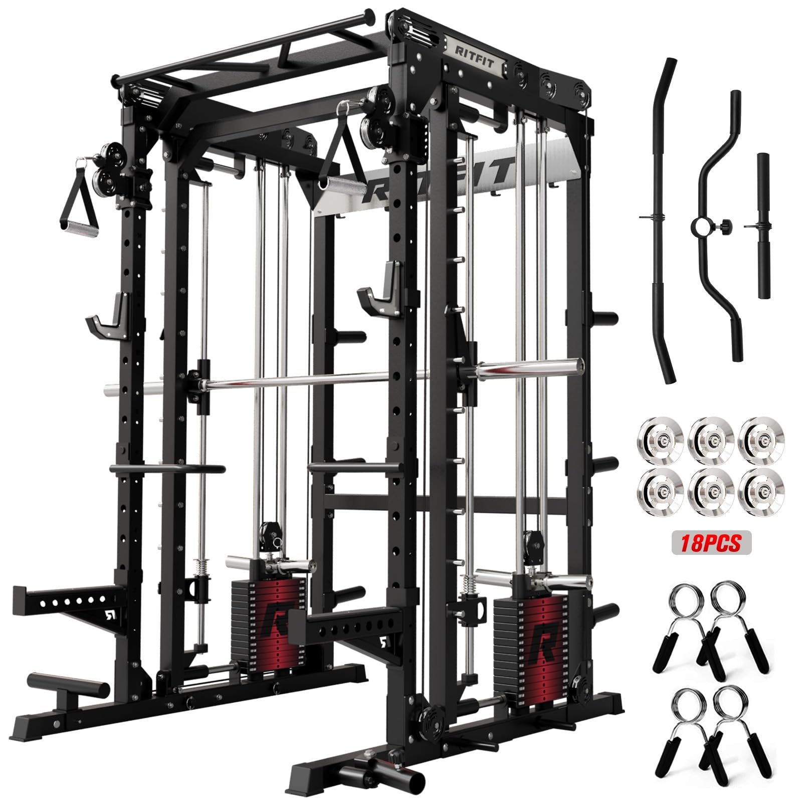 RitFit M2 3D Smith Machine & 286.6LB Built-in Weight Stack with Cable Crossover System, All in One Functional Trainer & Power Cage, 16 Adjustment Holes, 6 Storage Pegs for Full-Body Home Gym
