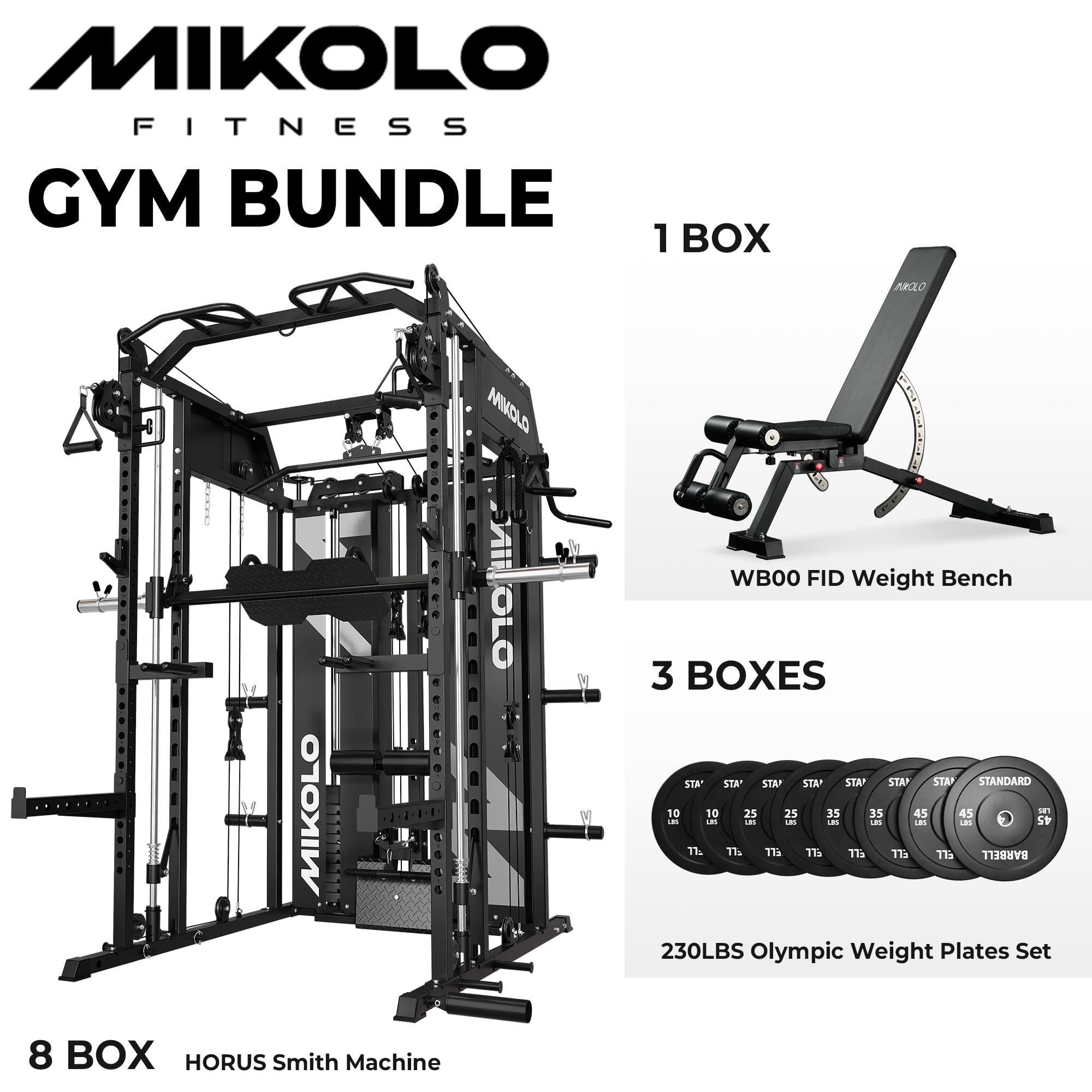 Mikolo Smith Machine with Weight Stack, Power Cage Home Gym System with LAT Pulldown & Cable Crossover, Multi-Functional Trainer with Dual Pulley System, Includes 10+ Free Attachments