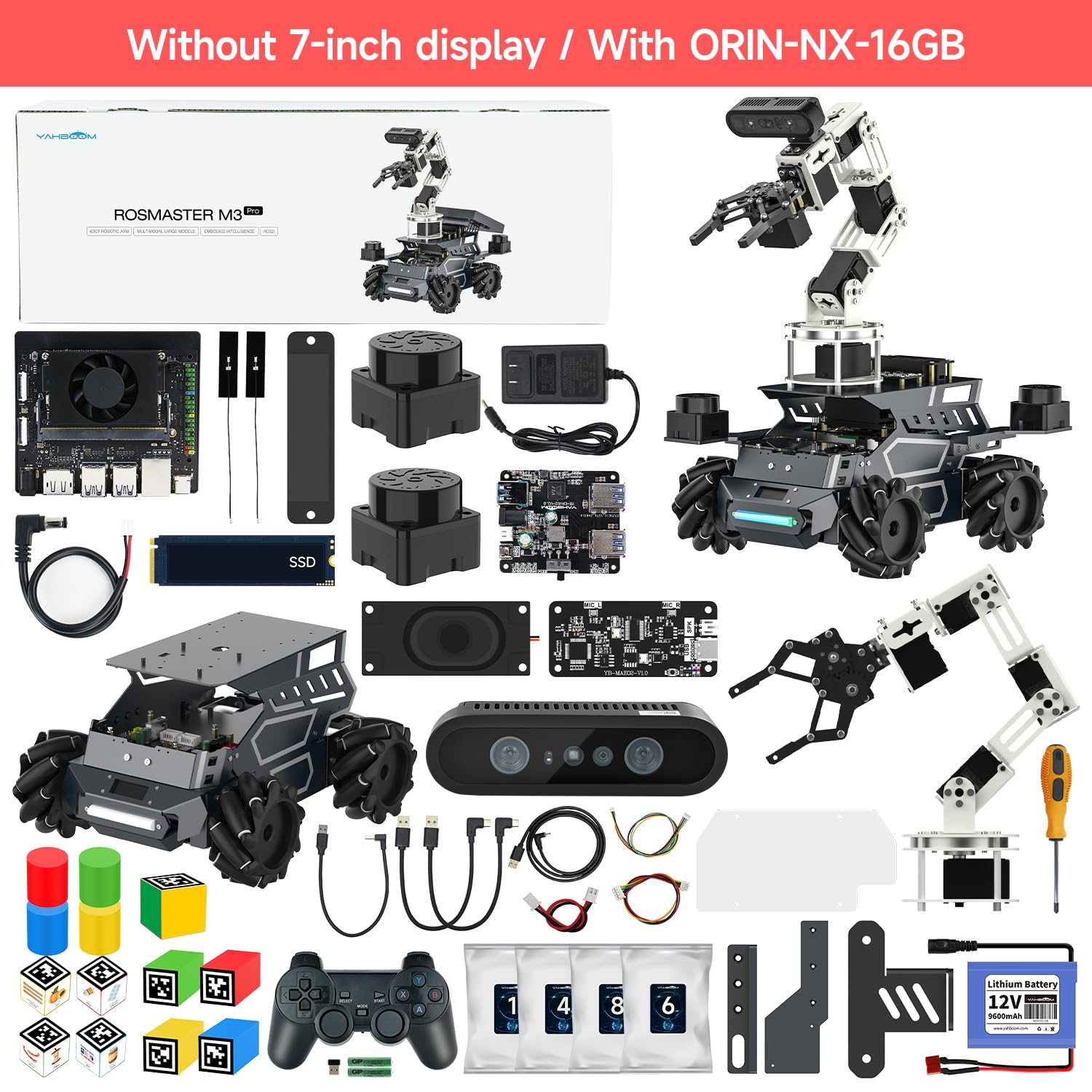 Yahboom ROS2 Robot Kit with Jetson Orin Nano 8GB Super Large AI Model with 6DOF Robotic Arm, 7-inch HD Display,AI Voice Interaction Module Provides AI Vision App Control