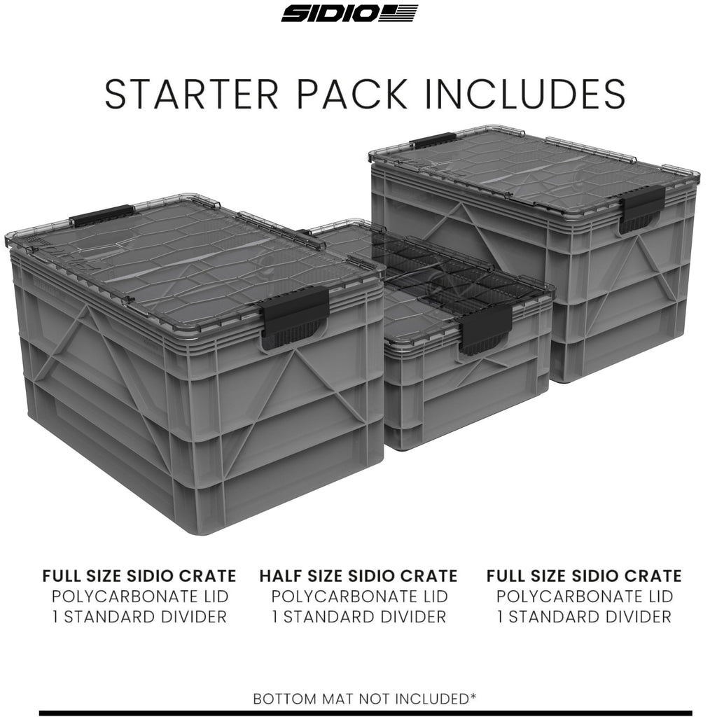 SIDIO CRATE Starter Pack - Two Full Size and One Half Size SidioCrate, Stackable Outdoor Organizer Storage Bins with Clear Lid and Dividers - Tan