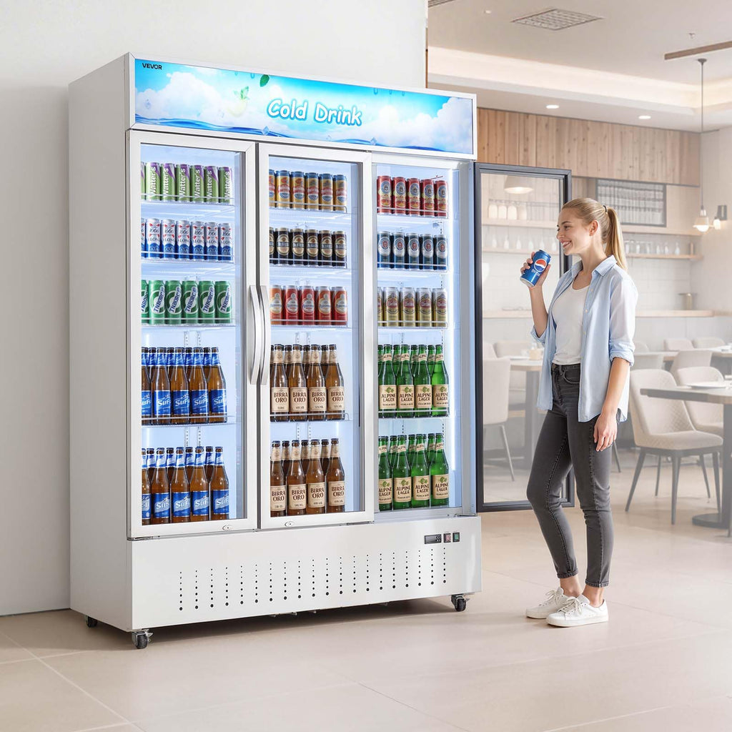VEVOR Commercial Merchandiser Refrigerator, 6.9 Cu.Ft / 195L Glass Door Display Refrigerator, Upright Beverage Cooler Fridge with 4 Adjustable Shelves, Soft LED Light & Casters for Homes Shops Bars