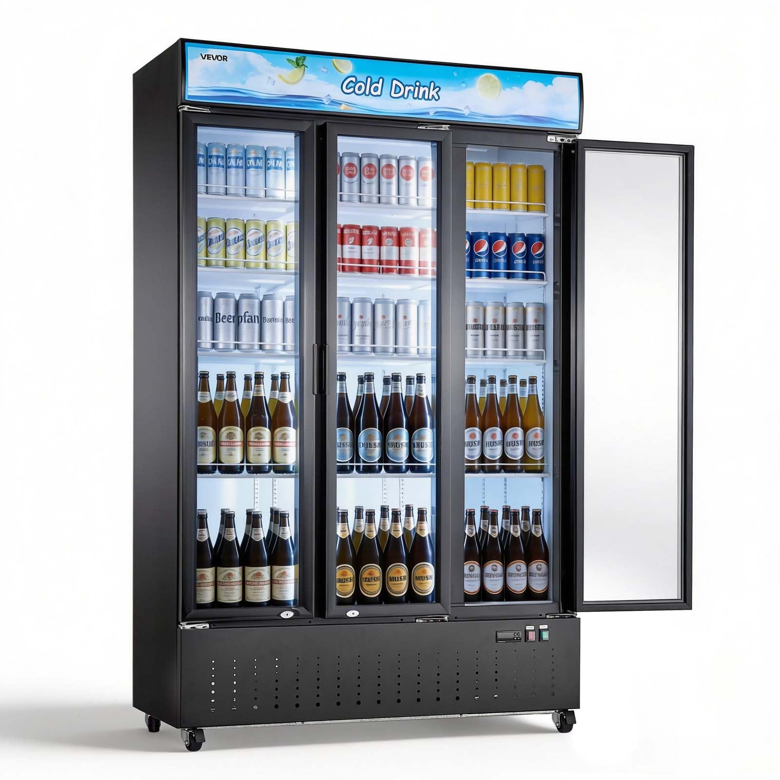 VEVOR Commercial Merchandiser Refrigerator, 6.9 Cu.Ft / 195L Glass Door Display Refrigerator, Upright Beverage Cooler Fridge with 4 Adjustable Shelves, Soft LED Light & Casters for Homes Shops Bars