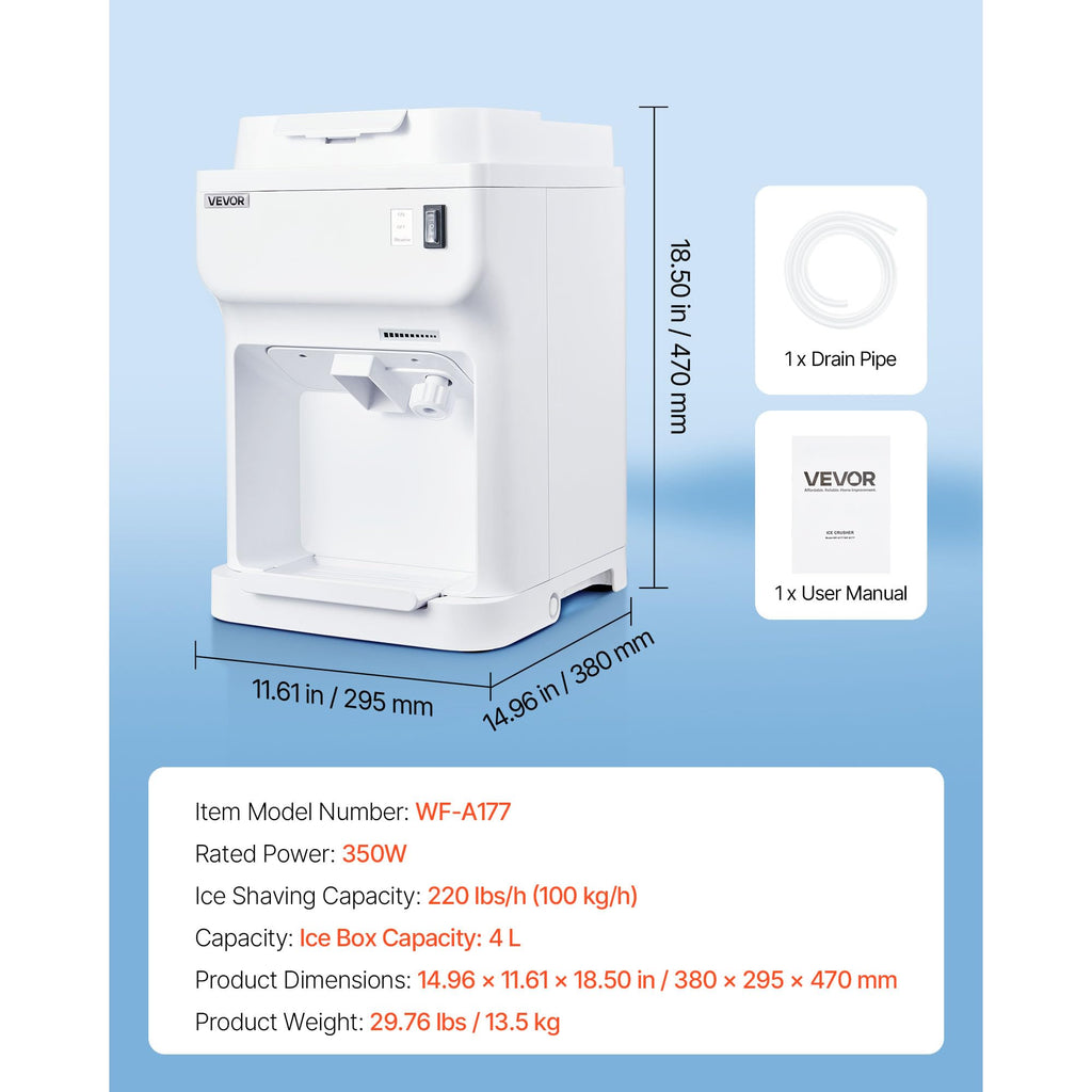 VEVOR Ice Shaver Machine Electric Snow Cone Machine, 265 LBS/H Shaved Ice Machine 250W Ice Crusher Triple Blades Tabletop Shaved Ice Maker with Adjustable Fineness for Home and Commercial Use