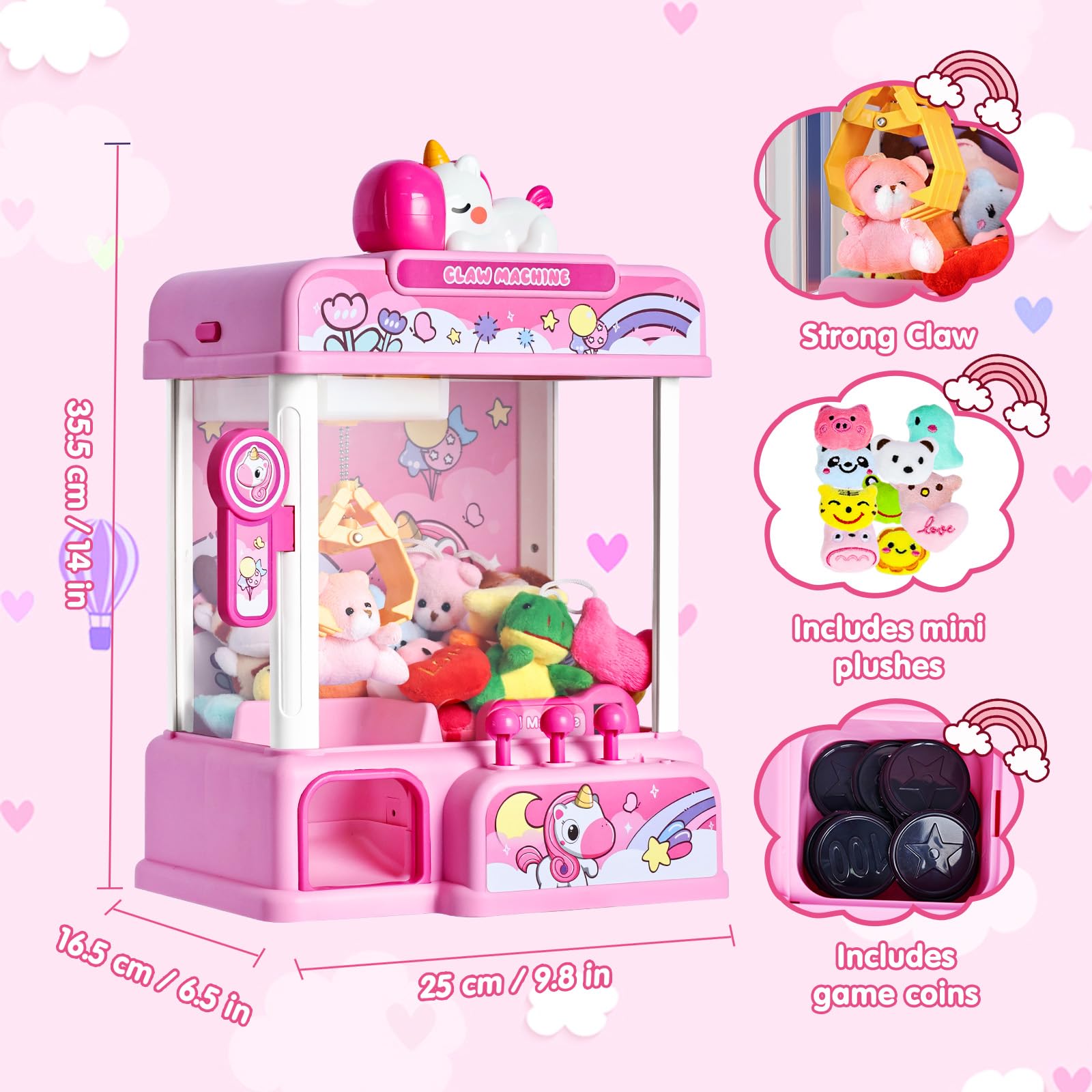 CWLAKON Claw Machine for Kids, Mini Vending Machine Unicorns Toys with Sound for Girls Age 3+, Candy Grabber Prize Dispenser Machine Arcade Games with Mini Plush Toys, Christmas Birthday Gifts