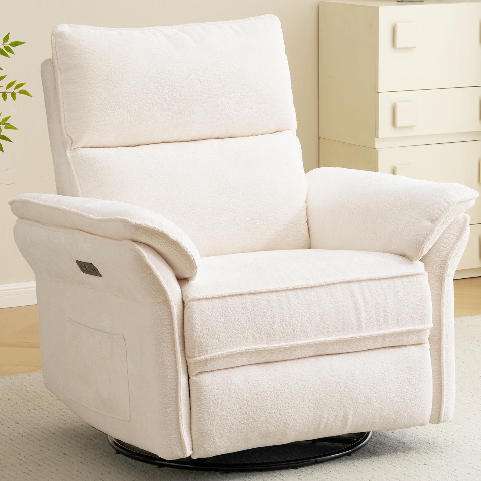Oversized Rocking Chair Nursery with Massage and Heat, Glider Recliner Nursery Chair with Adjustable Headrest, Power Swivel Rocker Recliner Chair with USB Port, Dark Grey