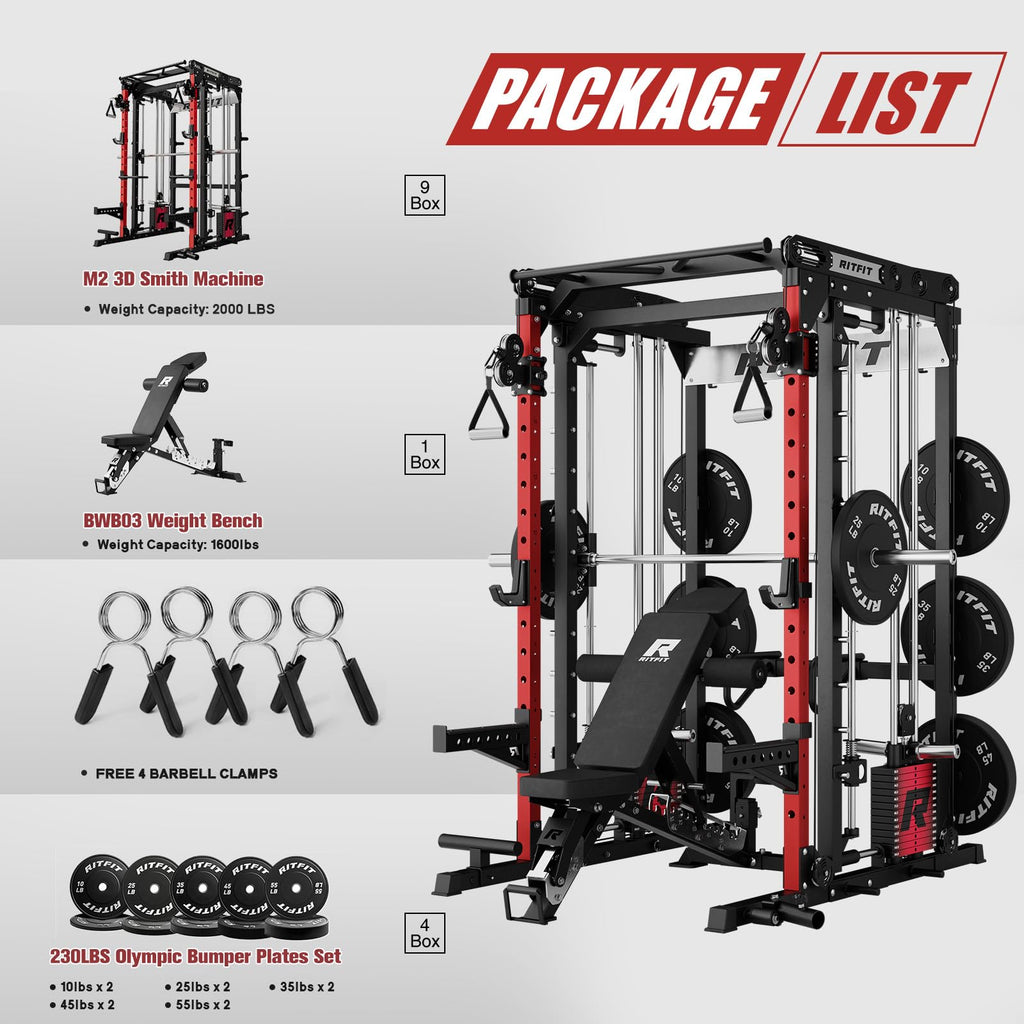 RitFit M2 3D Smith Machine & 286.6LB Built-in Weight Stack with Cable Crossover System, All in One Functional Trainer & Power Cage, 16 Adjustment Holes, 6 Storage Pegs for Full-Body Home Gym