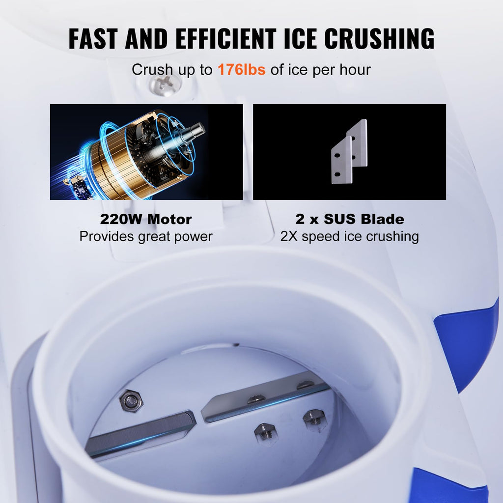 VEVOR Snowflake Ice Machine, 176LBS/24H Snowflake Ice Maker, Ice-Shaver Machine with Stainless Steel Blade, Electric Snow Cone Maker with 0.48Gal Tank, 90S Fast Pre-Cooling, for Home & Small Gathering