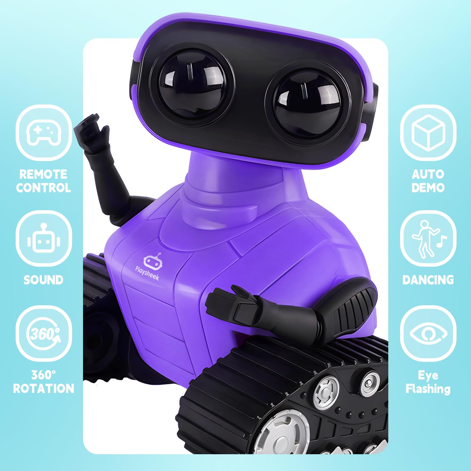 Playsheek Rechargeable Emo Robot with Auto-Demonstration - Remote Control Smart Robot Toy Gift for Kids Age 3+ - Purple