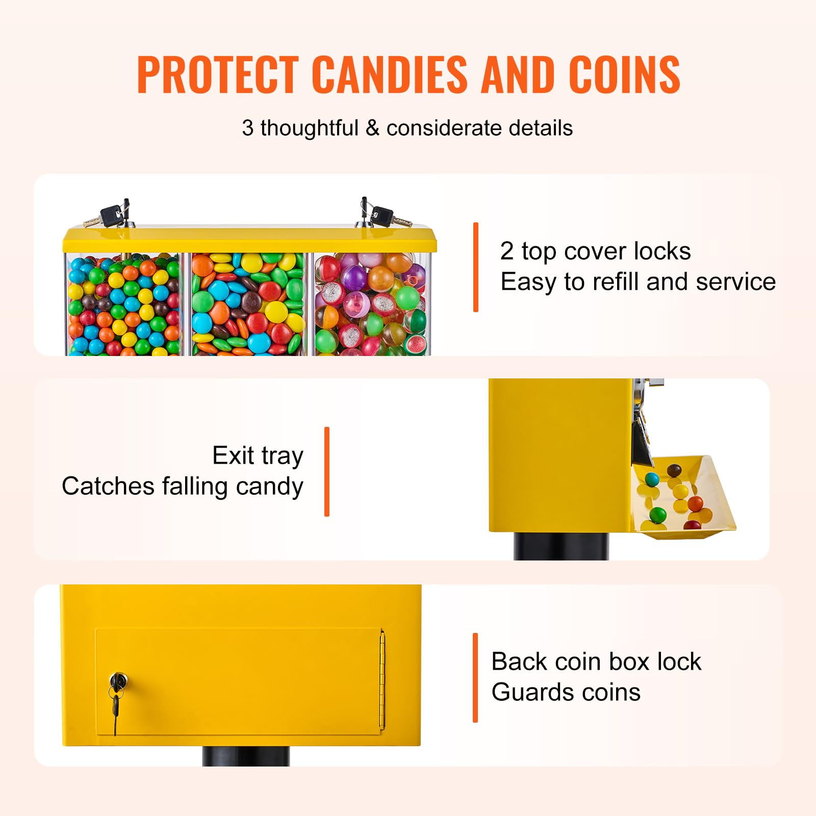 VEVOR Commercial Vending Machine, Four Compartment Rotatable Gumball and Candy Dispenser, Adjustable Height Coin Operated Candy Bank with Iron Stand, for Business Toy Capsules Bouncy Balls Nut, Blue