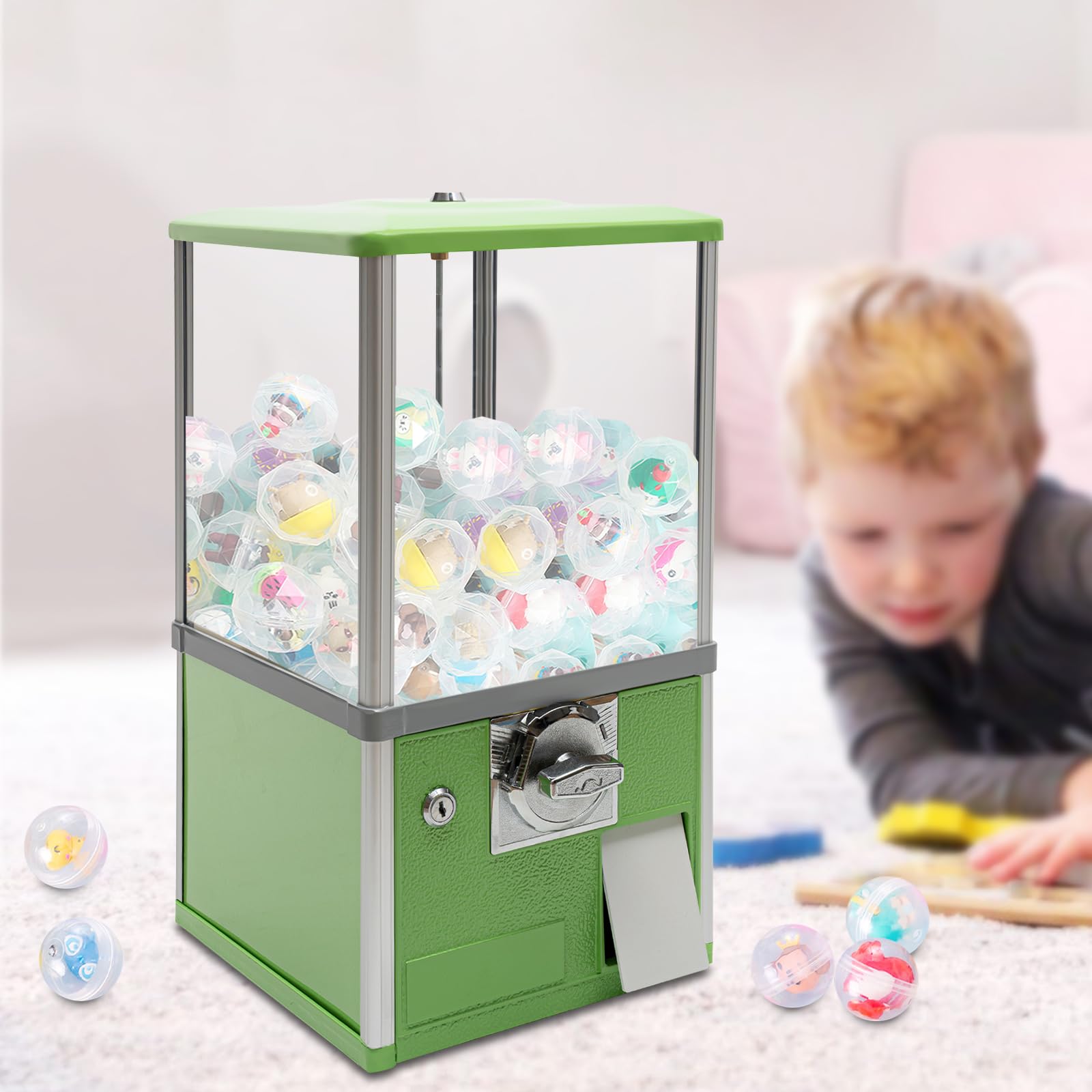 PERFERATE 25 Cents Coin Operated Vending Machine Commercial Gumball Machine for 1.8"-2" Balls Toy Capsule Vending Machines Gashapon Machines for Retail Stores Shopping Mall, 20" H (Green)