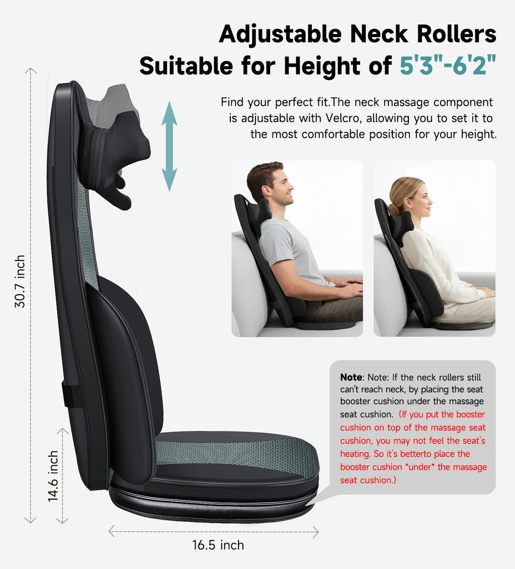 Shiatsu Neck and Back Massager for Chair with Heat, 2 Interchangeable Attachments Full Back Massage Pad Deep Tissue, Adjustable Height 3-Level Intensity for Office Home, Masajeador de Espalda, Khaki