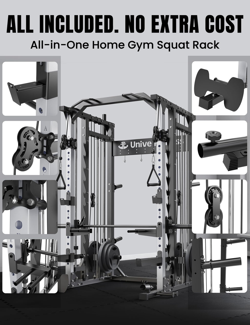 Unive Fitness Smith Machine, Commercial-Grade All-in-One Home Gym Power Cage with Squat Rack, Dual Cable Crossover & Pulley System, Complete Attachments for Full Body Workouts
