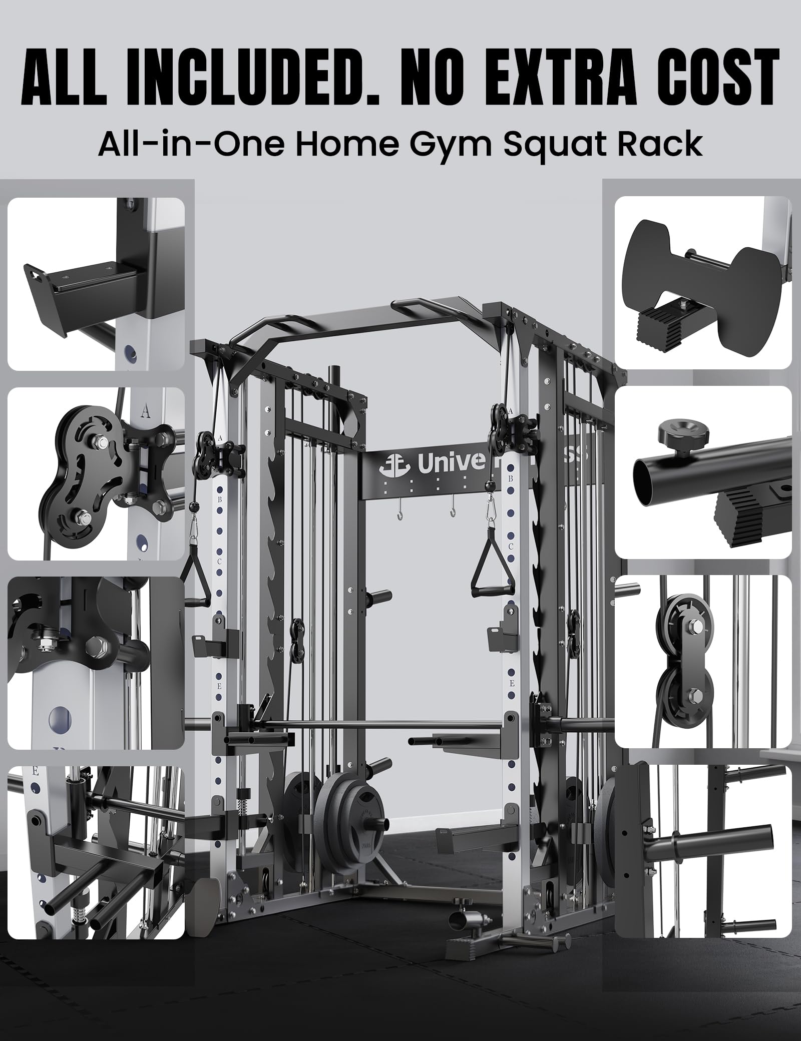 Unive Fitness Smith Machine, Commercial-Grade All-in-One Home Gym Power Cage with Squat Rack, Dual Cable Crossover & Pulley System, Complete Attachments for Full Body Workouts