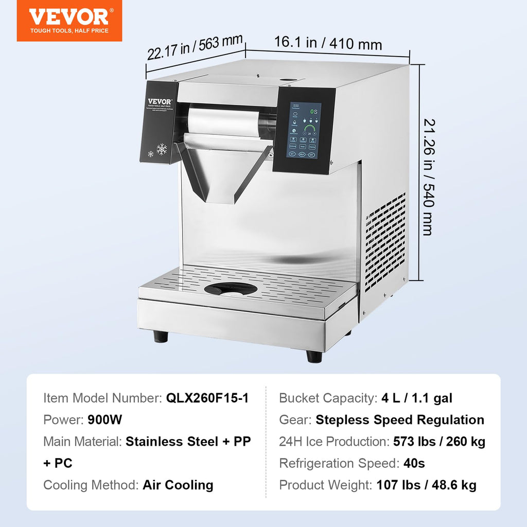 VEVOR Commercial Snowflake Ice Machine, 397LBS/24H Snowflake Ice Maker, Stainless Steel Ice Shaver Machine, Electric Snow Cone Maker, Liquid Cooling System for Rapid Heat Dissipation, Ice Cream