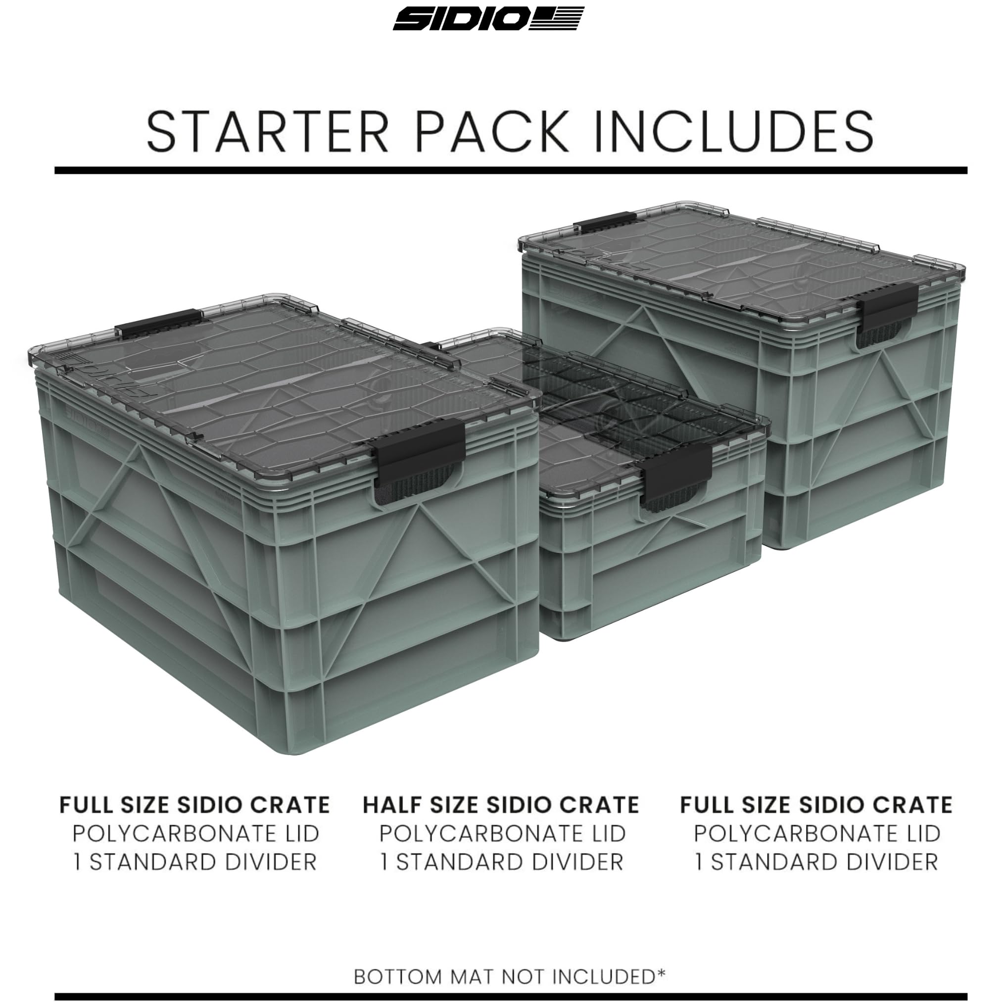 SIDIO CRATE Starter Pack - Two Full Size and One Half Size SidioCrate, Stackable Outdoor Organizer Storage Bins with Clear Lid and Dividers - Tan