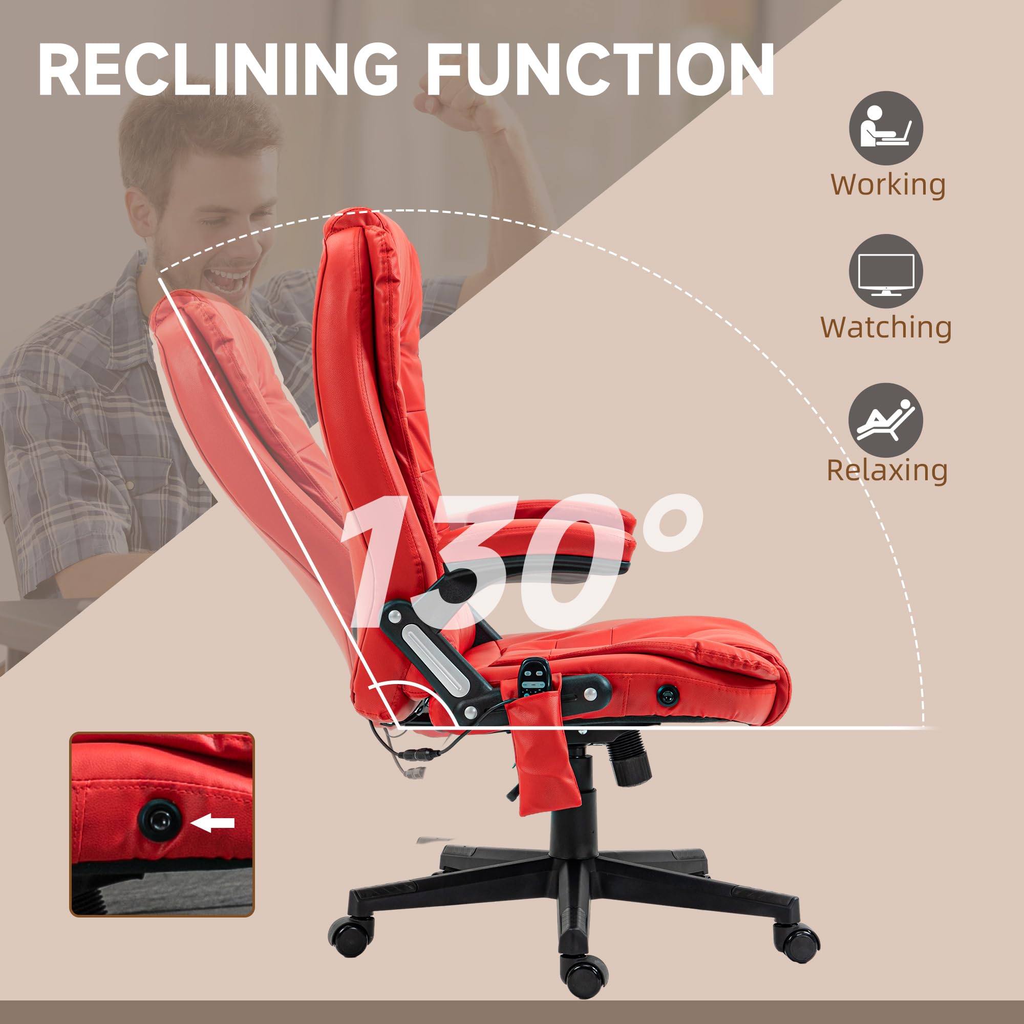 HOMCOM High Back Vibration Massage Office Chair with 6 Vibration Points, Heated Reclining PU Leather Computer Chair with Armrest and Remote, Brown