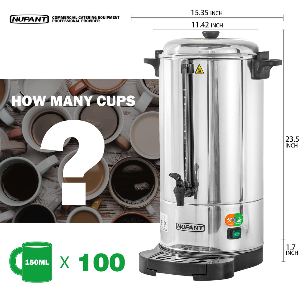 NUPANT Commercial Coffee Urn 100 Cup/15L Coffee Dispenser with Upgraded Percolator, Double Wall 304 Stainless Steel Hot Water Urn Beverage Dispenser, Keep Warm Large Coffee Maker for Catering Party