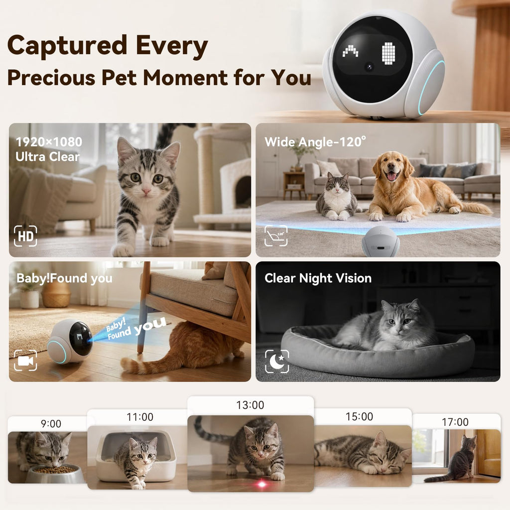Vivideye Pet Camera 1080P, Movable Robot Security Camera for Dog Cat, Rolling Robot Indoor Camera with Talk,Battery-Operated, Auto-Recharge, Night Vision,SD/Cloud Storage, Pet/Human/Voice Detection