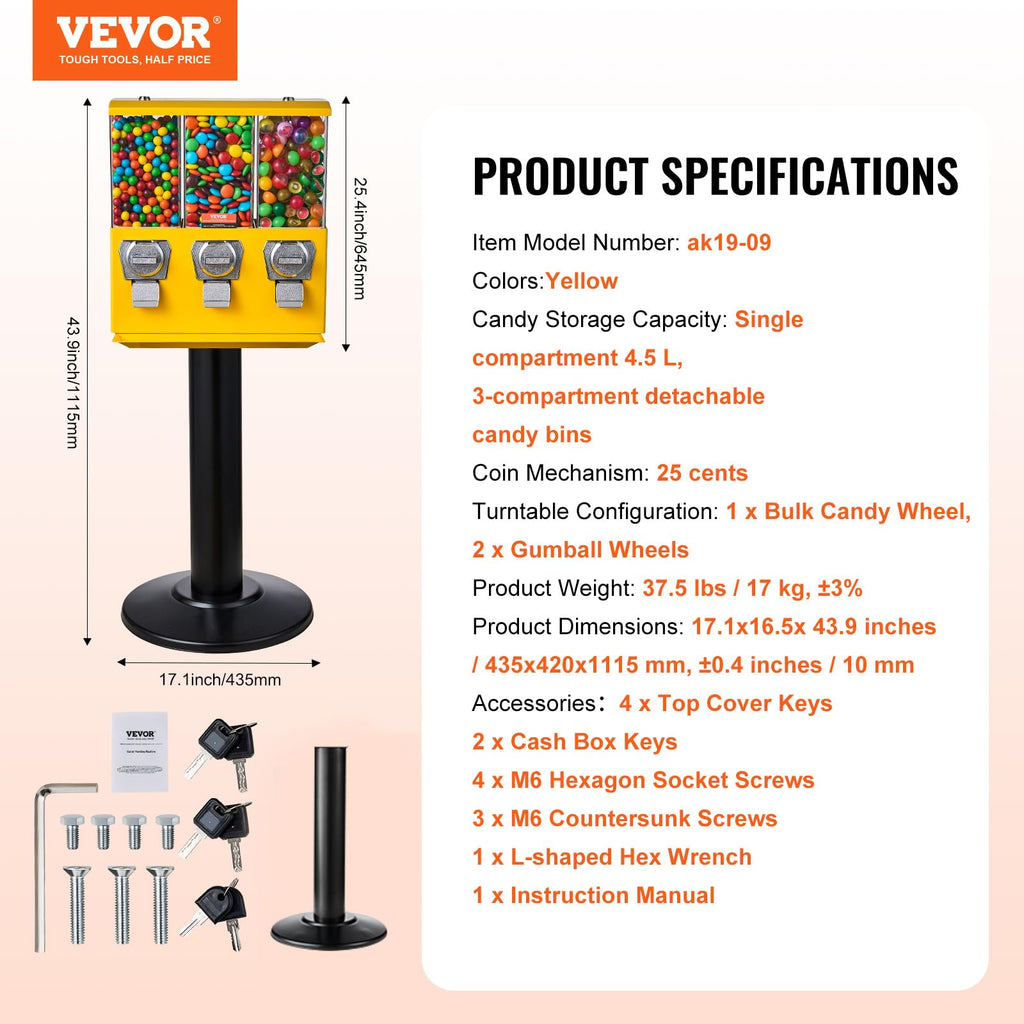 VEVOR Commercial Vending Machine, Four Compartment Rotatable Gumball and Candy Dispenser, Adjustable Height Coin Operated Candy Bank with Iron Stand, for Business Toy Capsules Bouncy Balls Nut, Blue