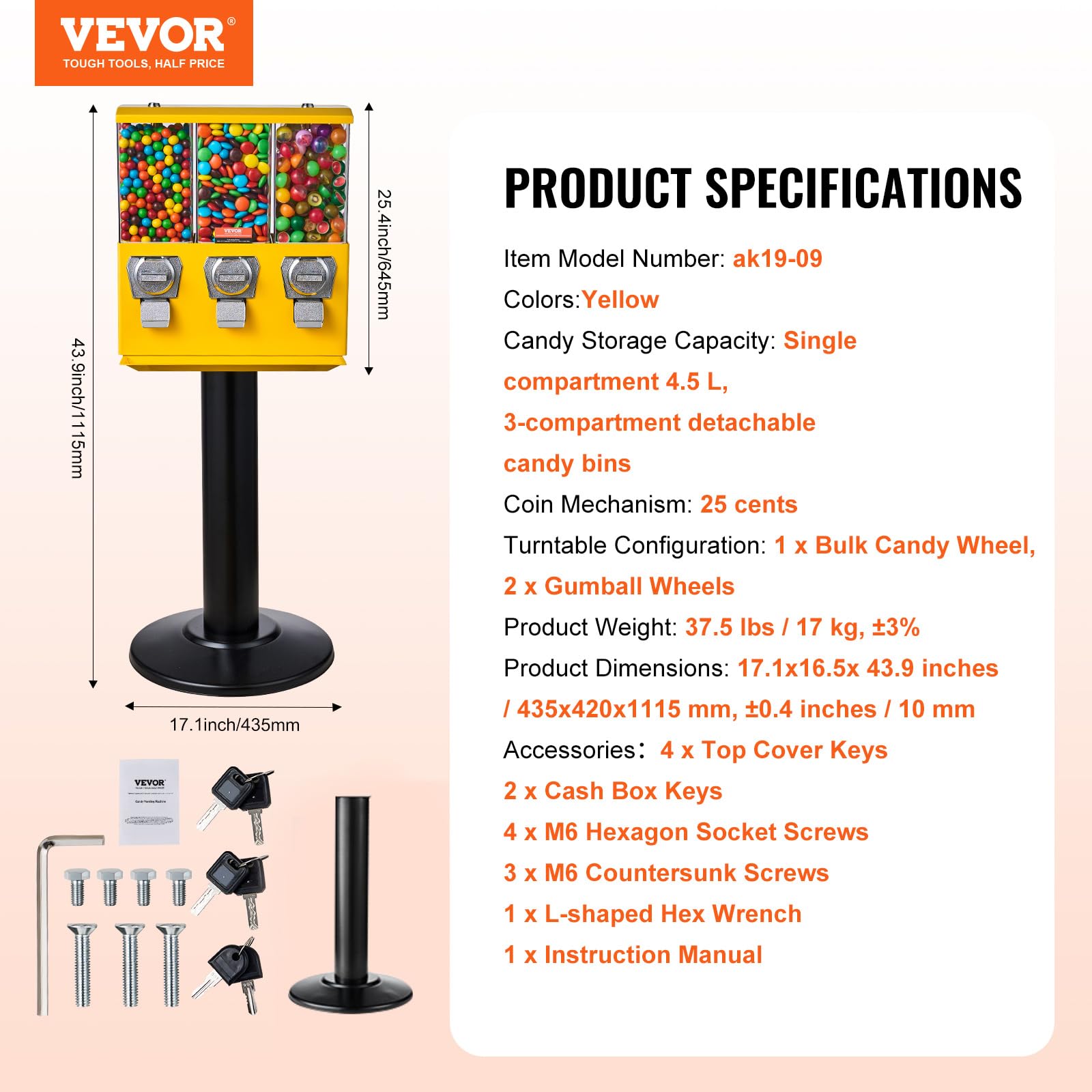 VEVOR Commercial Vending Machine, Four Compartment Rotatable Gumball and Candy Dispenser, Adjustable Height Coin Operated Candy Bank with Iron Stand, for Business Toy Capsules Bouncy Balls Nut, Blue