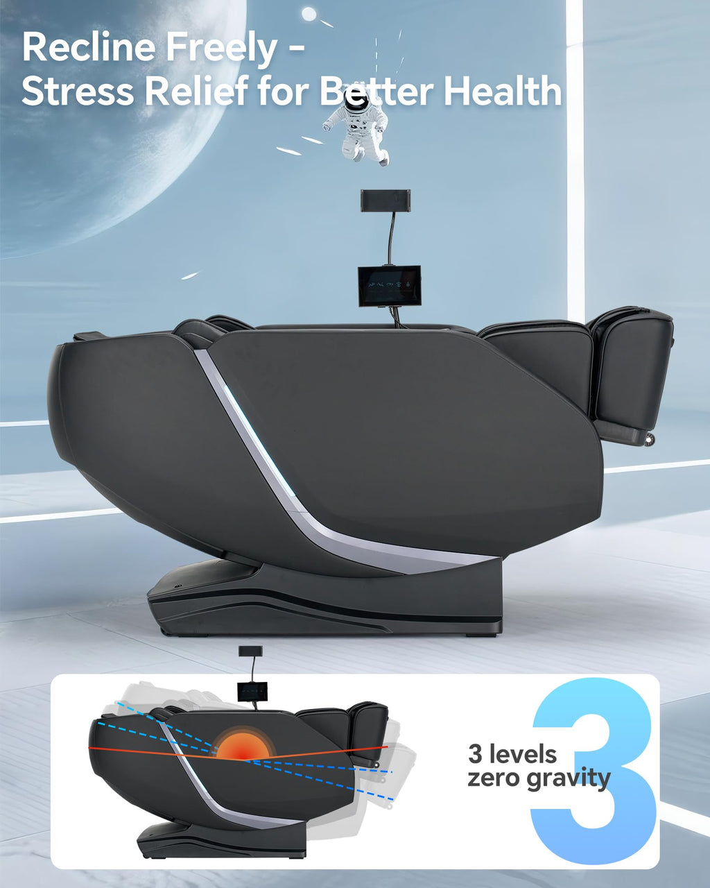 Massage Chair Full Body Zero Gravity, 3D ‌SL-Track Shiatsu Massage with Unique Rocking Sleep Mode, Upgraded Calf & Knee Massage (+11cm) for Tall People, Wireless Charging &Touch Screen,Black