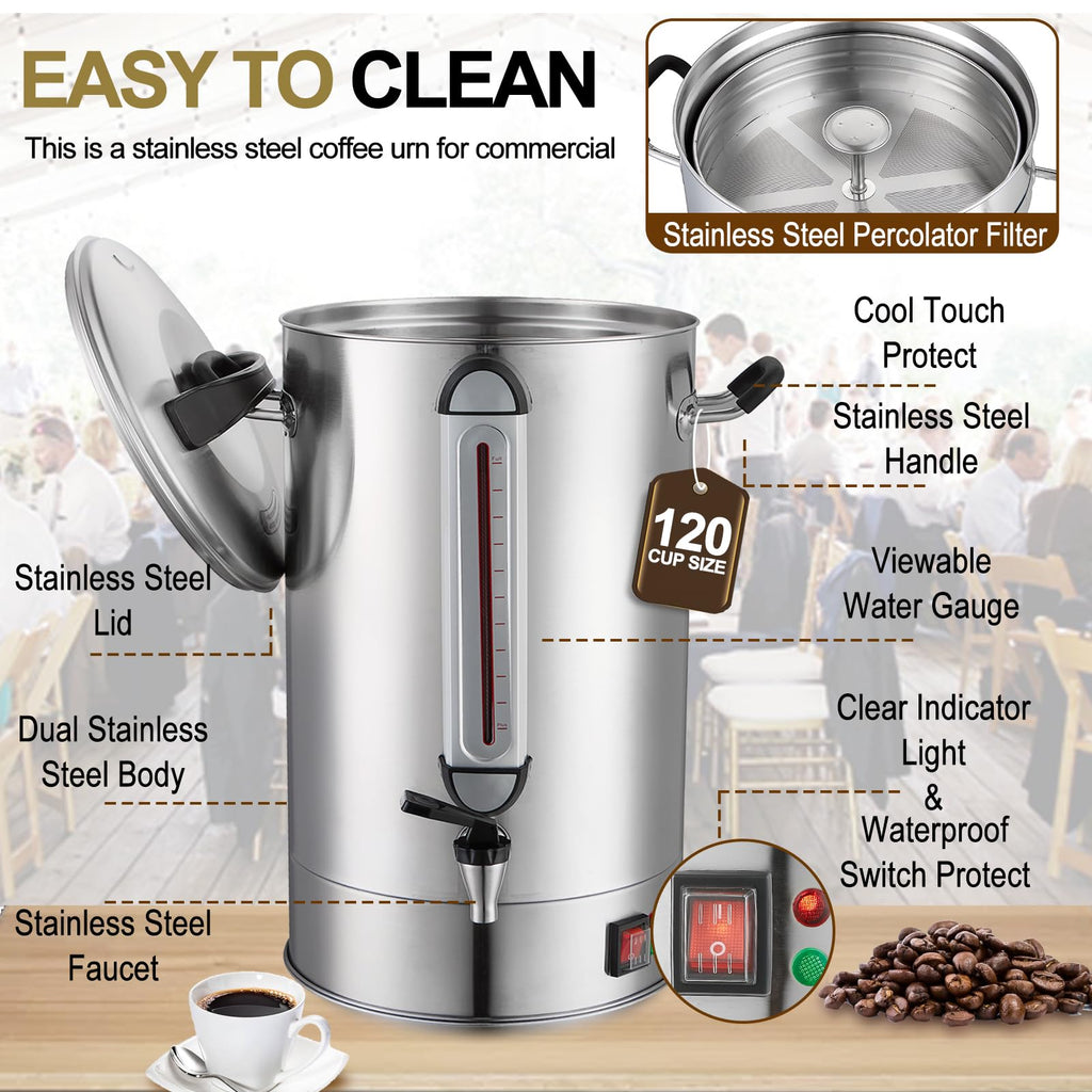 Commercial Coffee Urn 24L 160Cup Stainless Steel Quick Brew Hot Dispenser for Catering, Commercial Grade Large Capacity Coffee Maker For Meeting Rooms, Church, School, for 100+ Guests