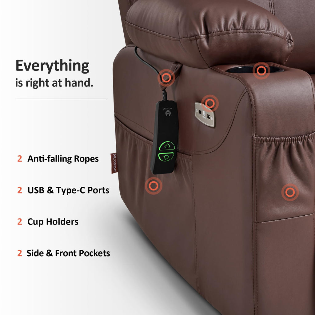 MCombo Electric Power Lift Recliner Chair Sofa with Massage and Heat for Elderly, 3 Positions, 2 Side Pockets, and Cup Holders, USB Ports, Faux Leather 7040 (Grey, Medium)
