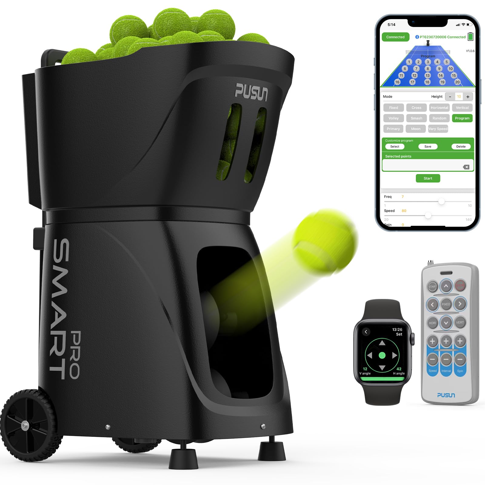 Smart Tennis Ball Machine PT-SMART PRO - 100+ Ball Capacity, Full APP Control, Internal Spin Serve, Ideal for Training & Matches