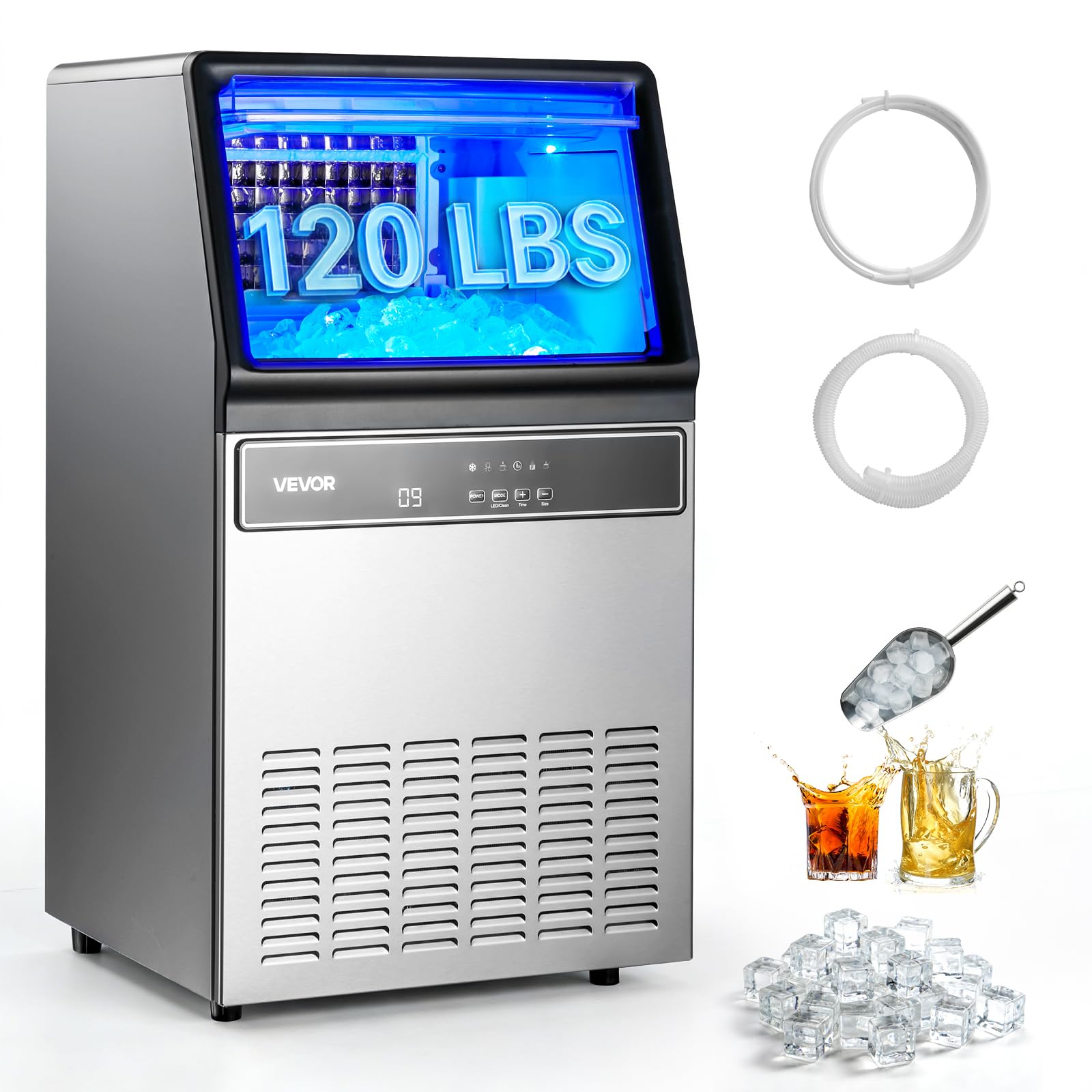 VEVOR Commercial Ice Maker Machine, 100 lbs/24h with 30-35 lbs Storage, Bullet Ice,Built-in/Freestanding/Under Counter, Stainless Steel Ice Maker with LED Display for Home Bar Restaurant