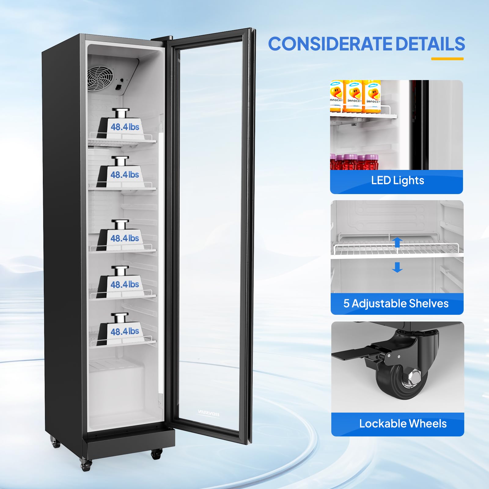 ROVSUN 8 Cu.Ft Commercial Refrigerator Display Refrigerator ETL NSF Certified, Slim Commercial Beverage Cooler Glass Door Merchandiser Drink Fridge w/Adjustable Shelves LED Light for Bar Restaurant