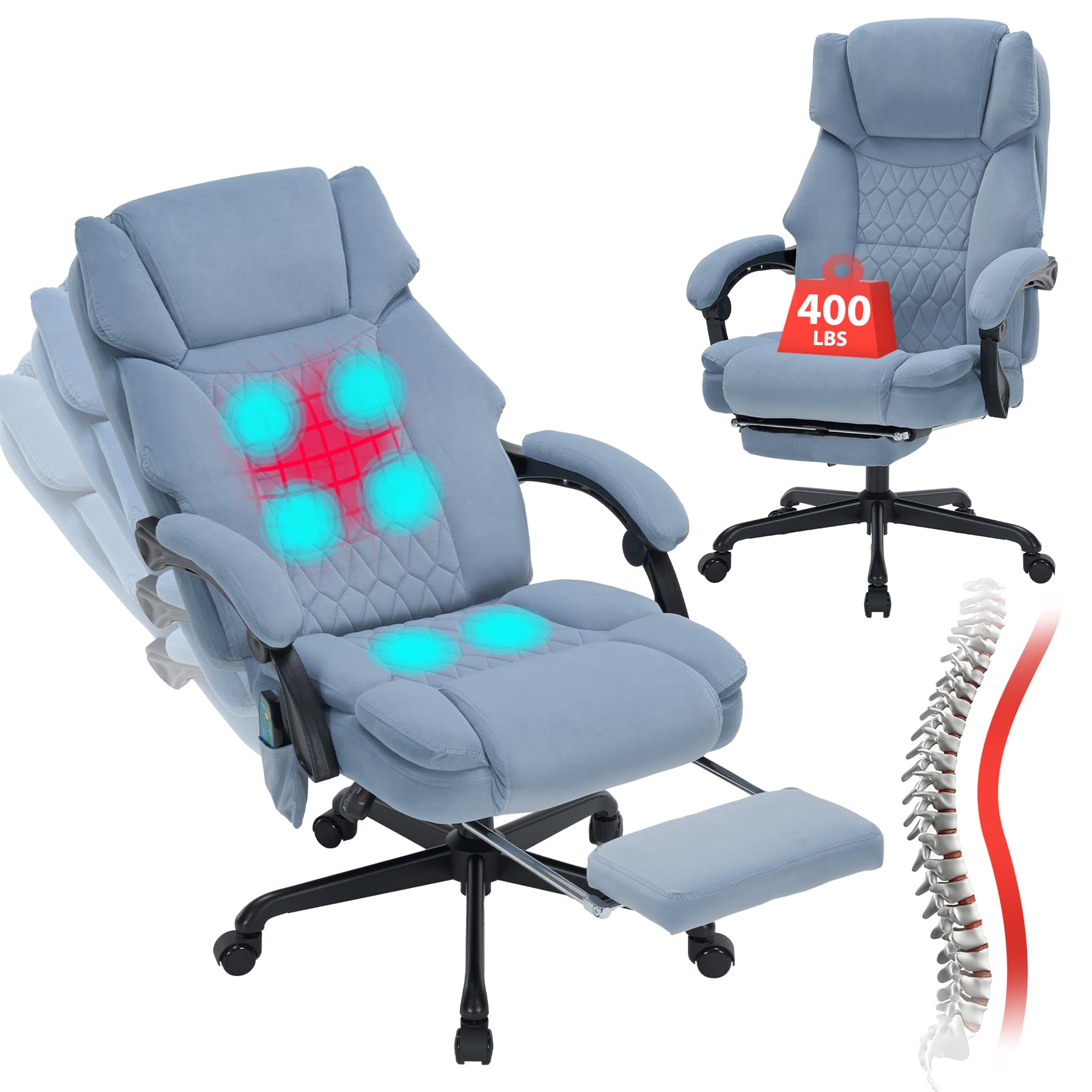 Massage Office Chair with Foot Rest 6 Points Vibration and Heat Home Office Desk Chairs for Heavy People 400lbs Reclining Managerial Chairs Ergonomic Executive Chair (Black)