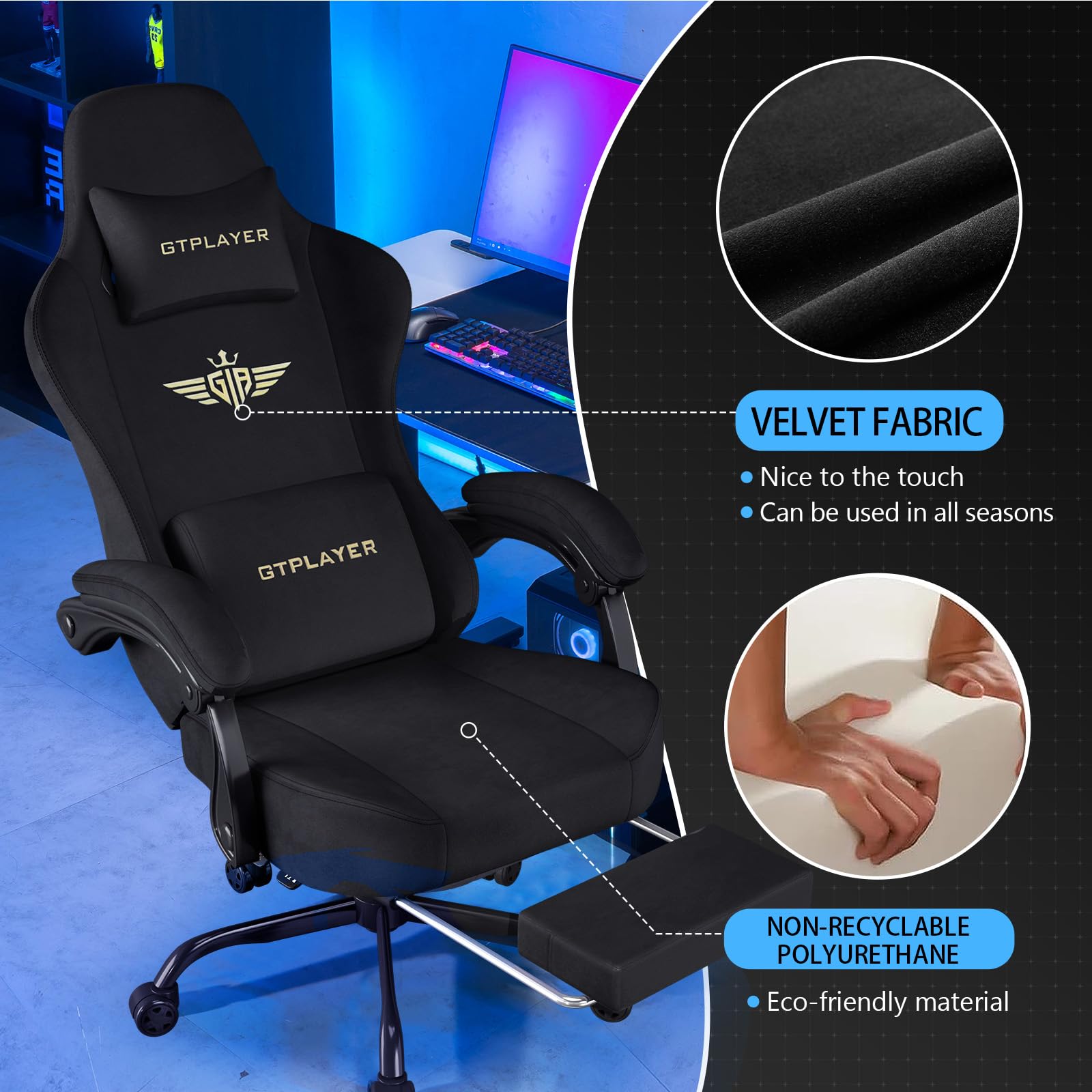 GTPLAYER Gaming Chair with Pocket Spring Cushion, Big and Tall Gamings Chairs 350LBS High Back Computer Chair with Footrest for Adults Lumbar Support Swivel Game Chair for Office,Leather Black-Massage