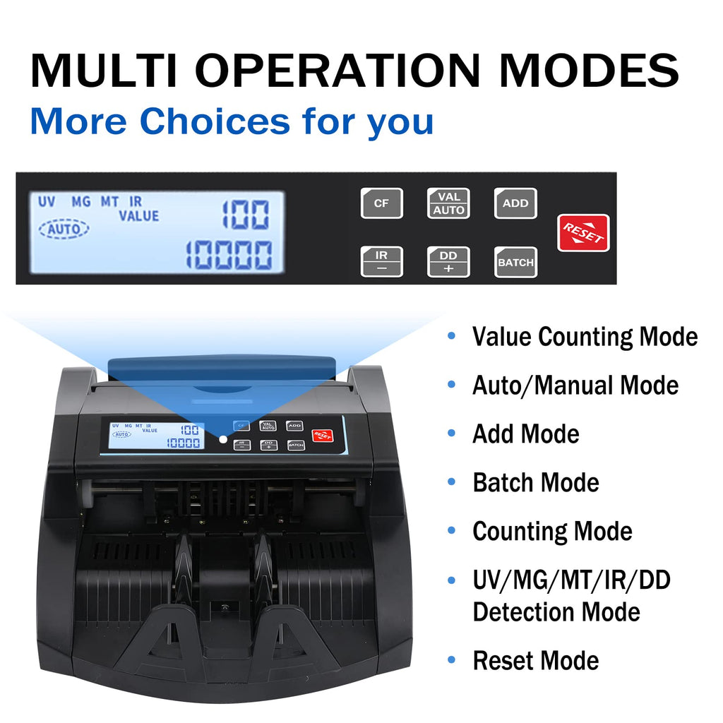 Money Counter Machine Count Value,UV/MG/MT/IR Counterfeit Detection Bill Counter,US Dollar only Cash Counter, Add+Value/Batch+Value Modes,Money Counting Machine with LCD Display (Black+Grey)