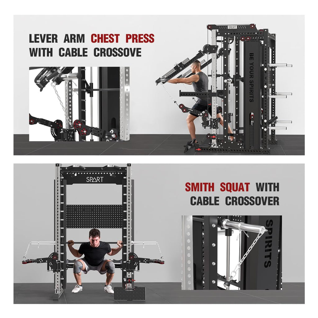 Commercial Smithe Machine with Weight Stack, All-in-One Power Cage Squat Rack Home Gym System with Leg Press Attachment & Cable Crossover, Multi-Functional Trainer with Dual Pulley System for Home Gym