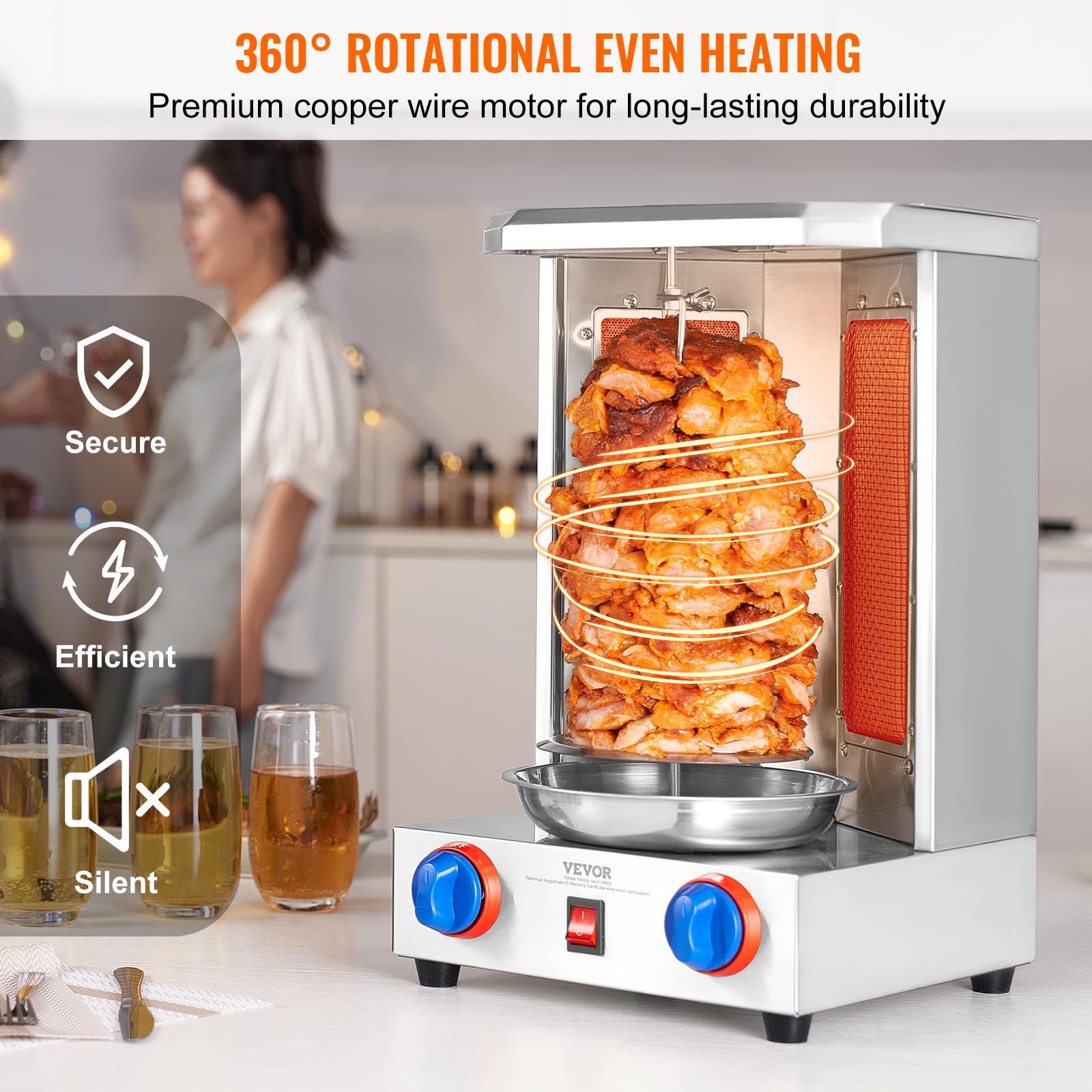 VEVOR Shawarma Grill Machine, Chicken Shawarma Cooker Machine Countertop, Electric Stainless Steel Broiler Gyro Rotisserie Oven Doner Kebab Machine, for Home Restaurant Kitchen Parties