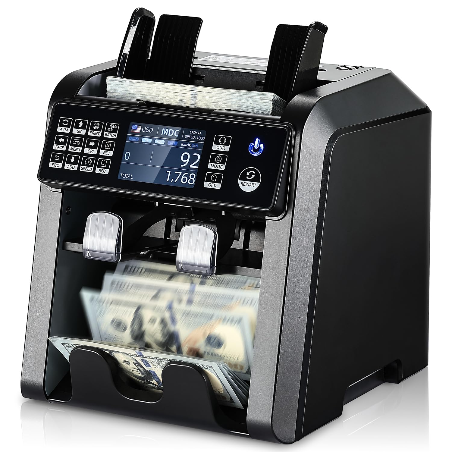 MUNBYN IMC08 Dual Money Counter Machine Mixed Denomination with Reject Pocket, Value Counting, Counterfeit Detection 2 CIS/UV/MG/IR, Sort&Print Enabled Cash Counter, Mixed Bill Counter (Black)