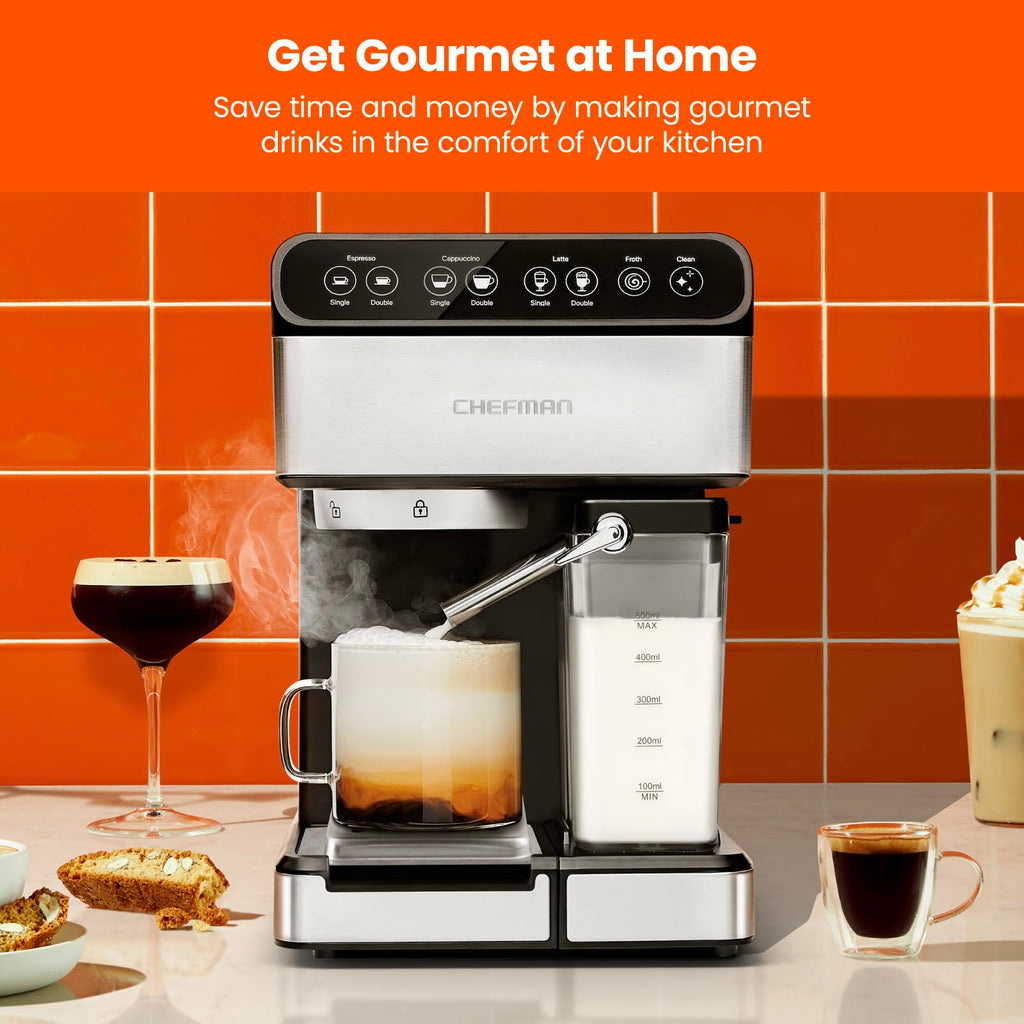 Chefman Crema Deluxe Espresso Machine with Double Boiler, Use Milk Frother and Brew Espresso Simultaneously, Professional Coffee Maker with Coffee Grinder and Steam Wand, 30 Grind Settings