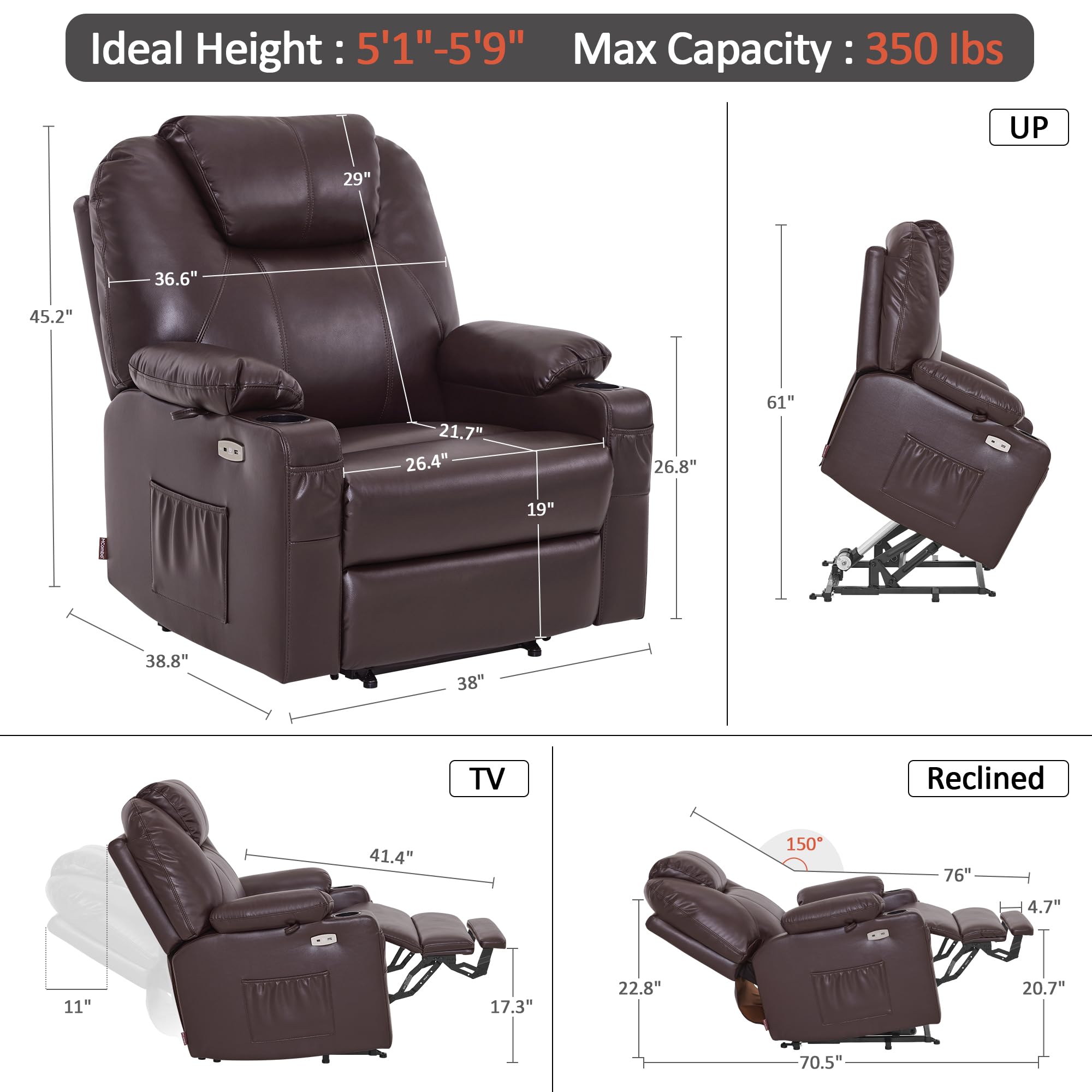 MCombo Electric Power Lift Recliner Chair Sofa with Massage and Heat for Elderly, 3 Positions, 2 Side Pockets, and Cup Holders, USB Ports, Faux Leather 7040 (Grey, Medium)