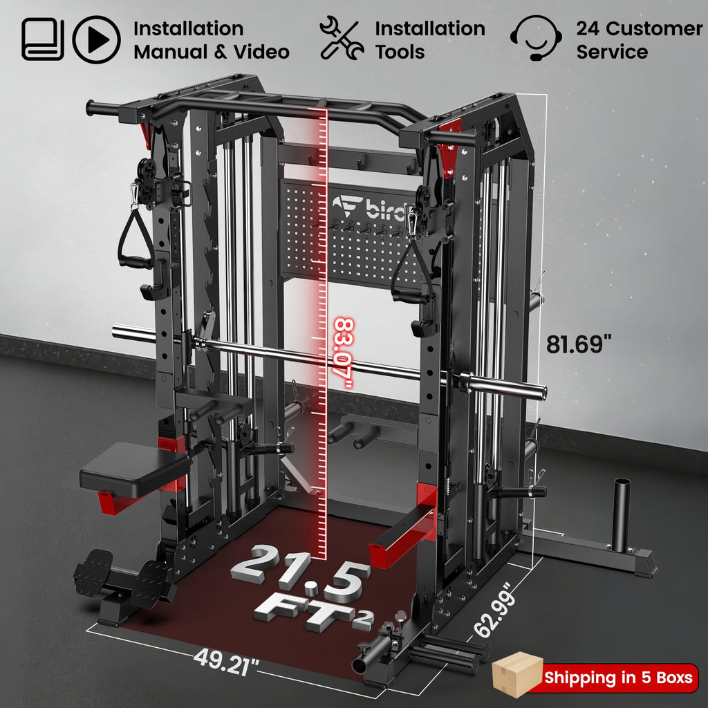 Multi-Function 2000LB Smith Machine Power Cage, Home Gym Squat Rack Featuring LAT Pulldown, Dual Pulley Cable Crossover, Gym-Quality Power Rack with Strength Training Attachments, Pegboard